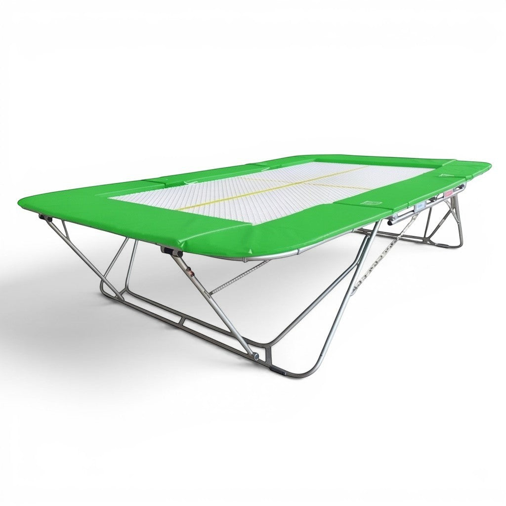 UK Gym Pits 77a standard competition trampoline with a green frame pad and 25mm web bed on a white background