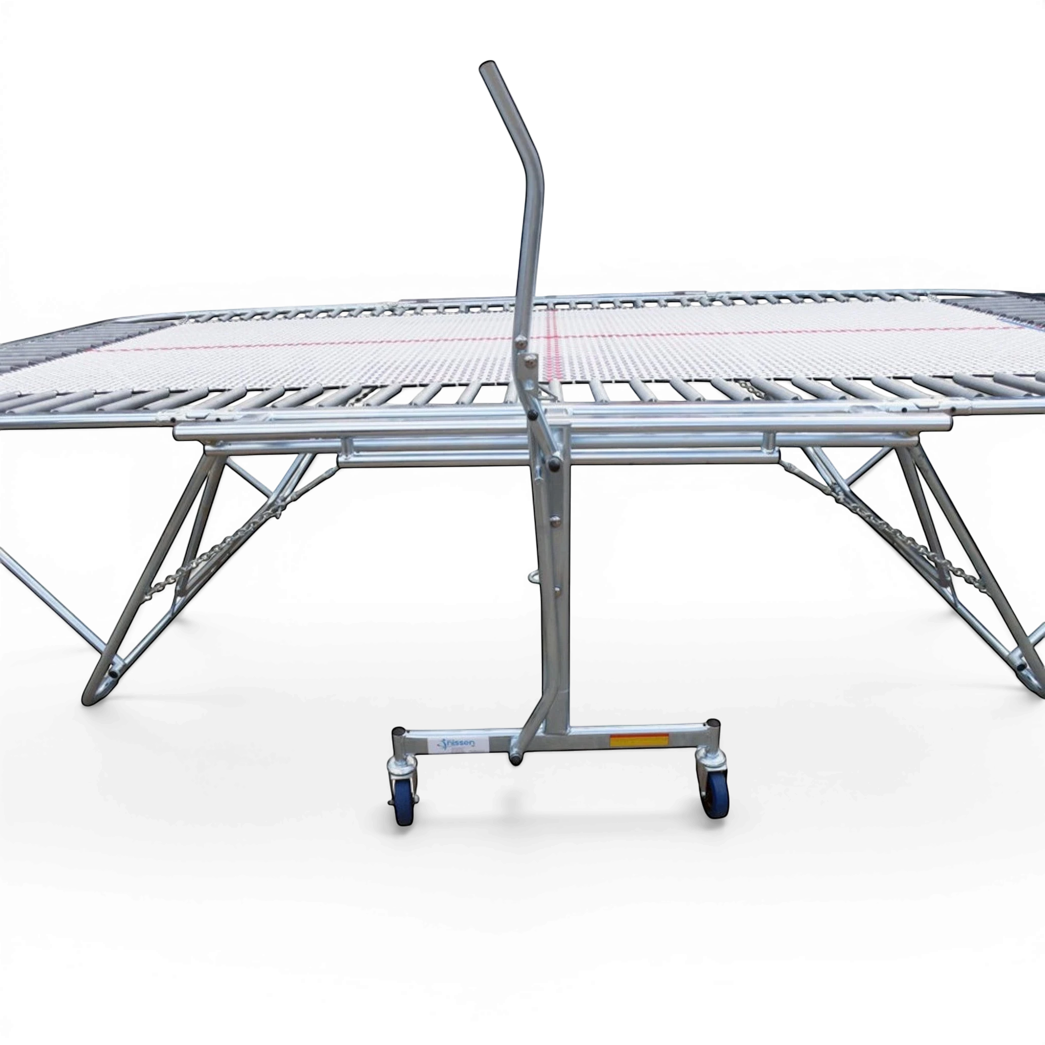 UK Gym Pits 77a standard trampoline with 13mm web bed, steel frame, and lift/lower roller stands on a black background