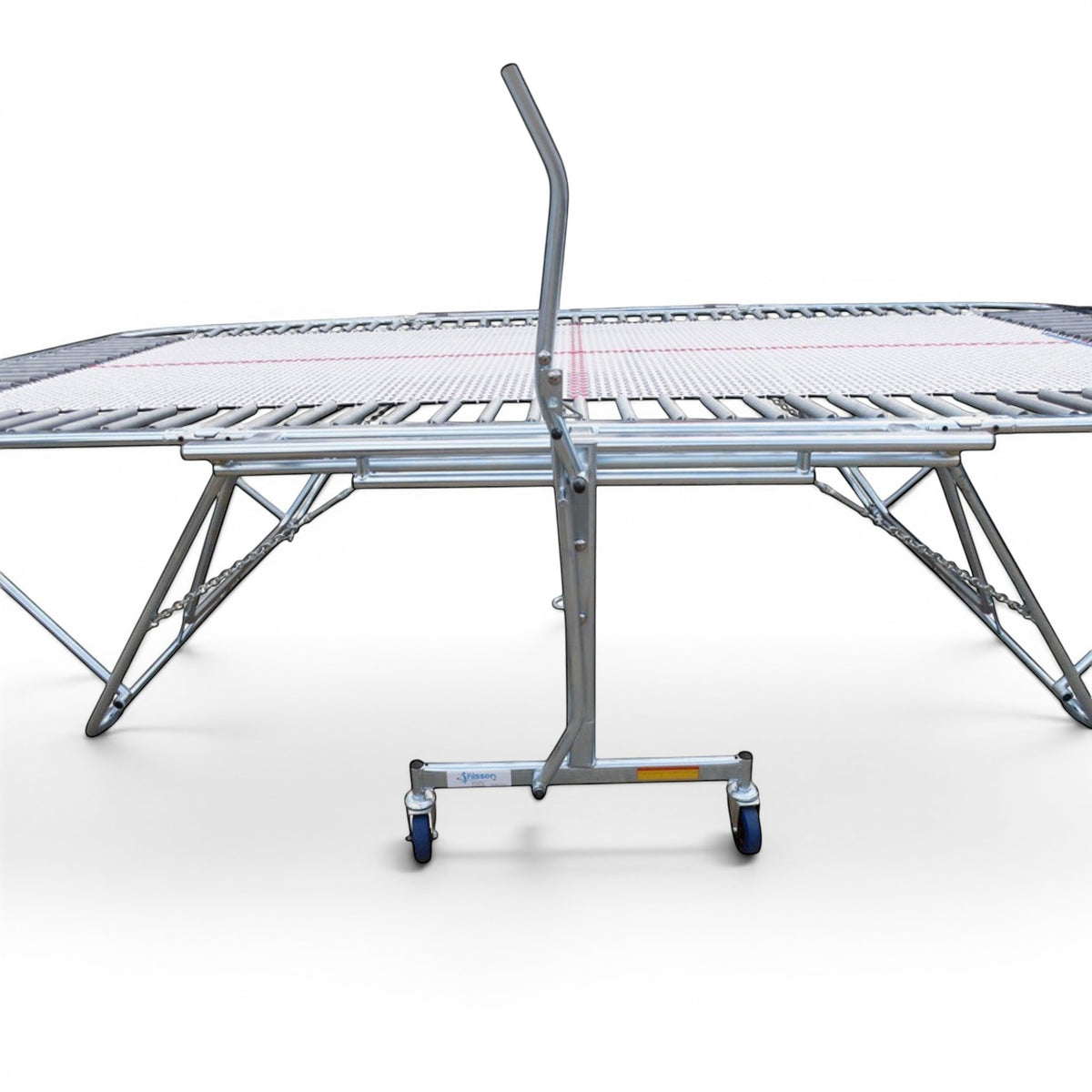 UK Gym Pits 77a standard competition trampoline with 25mm web bed and lift-lower roller stand on a white background
