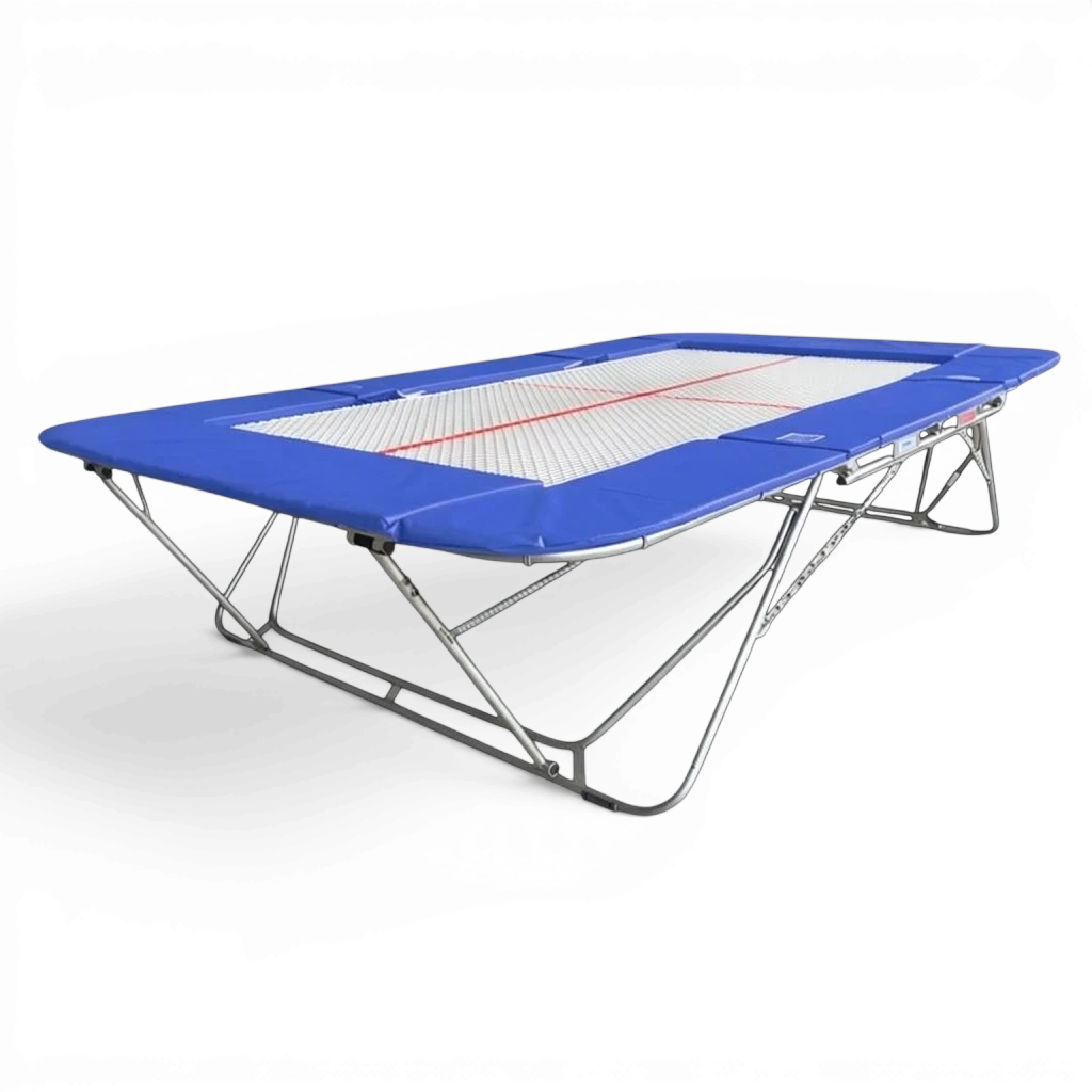 UK Gym Pits 77a standard competition trampoline with a blue frame pad and white 13mm web bed on a black background.