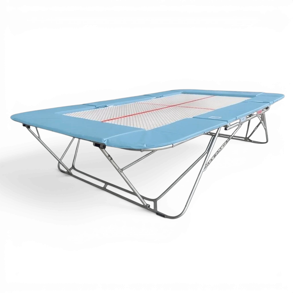 UK Gym Pits 77a standard competition trampoline with a 13mm web bed and light blue protective frame pads.
