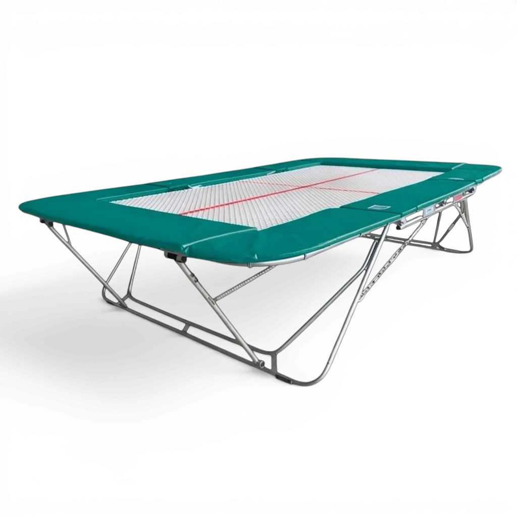 UK Gym Pits 77a standard competition trampoline with a white 13mm web bed and green protective frame pads.