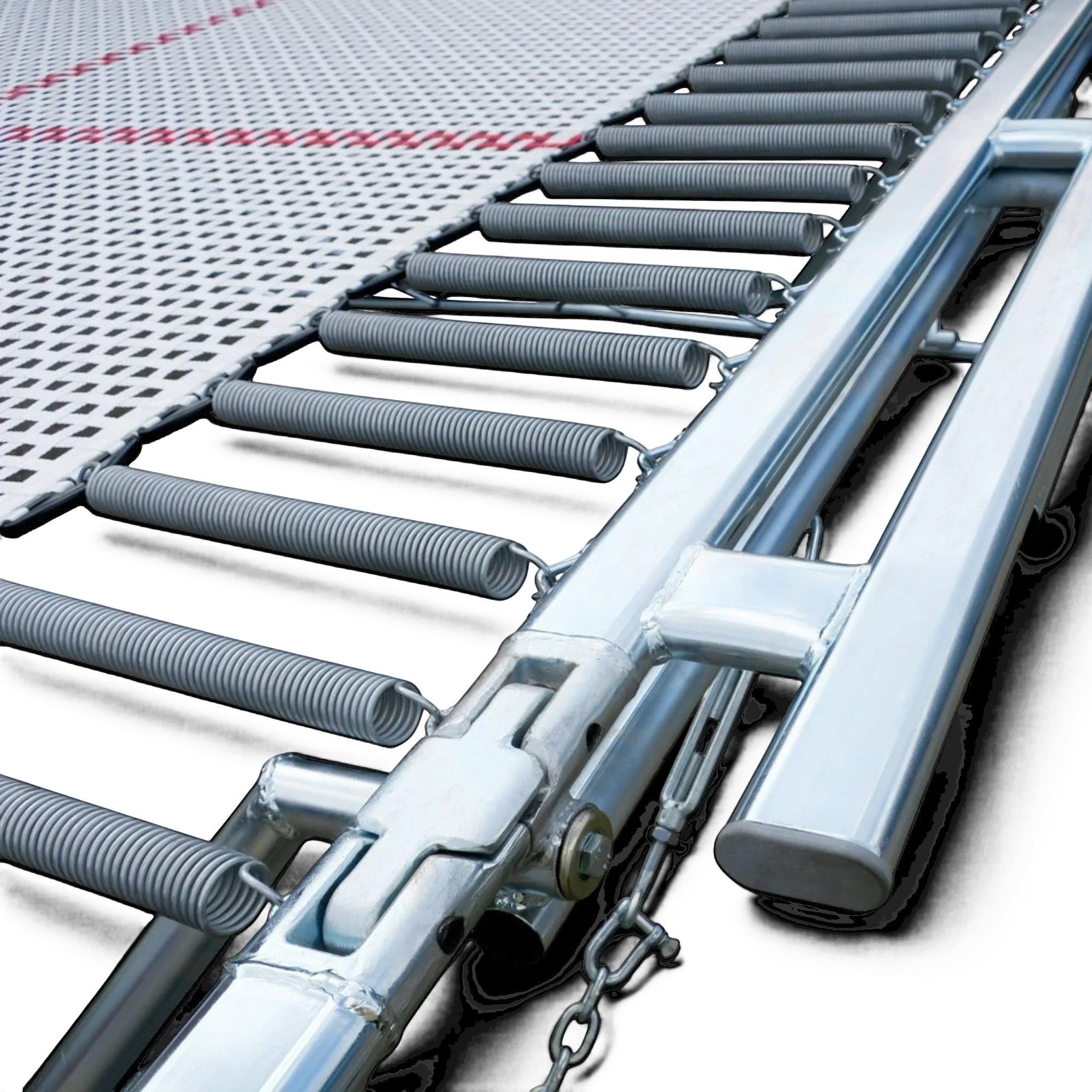 UK Gym Pits 77a standard trampoline showing the white super-mesh bed, high tensile steel springs, and metal frame.