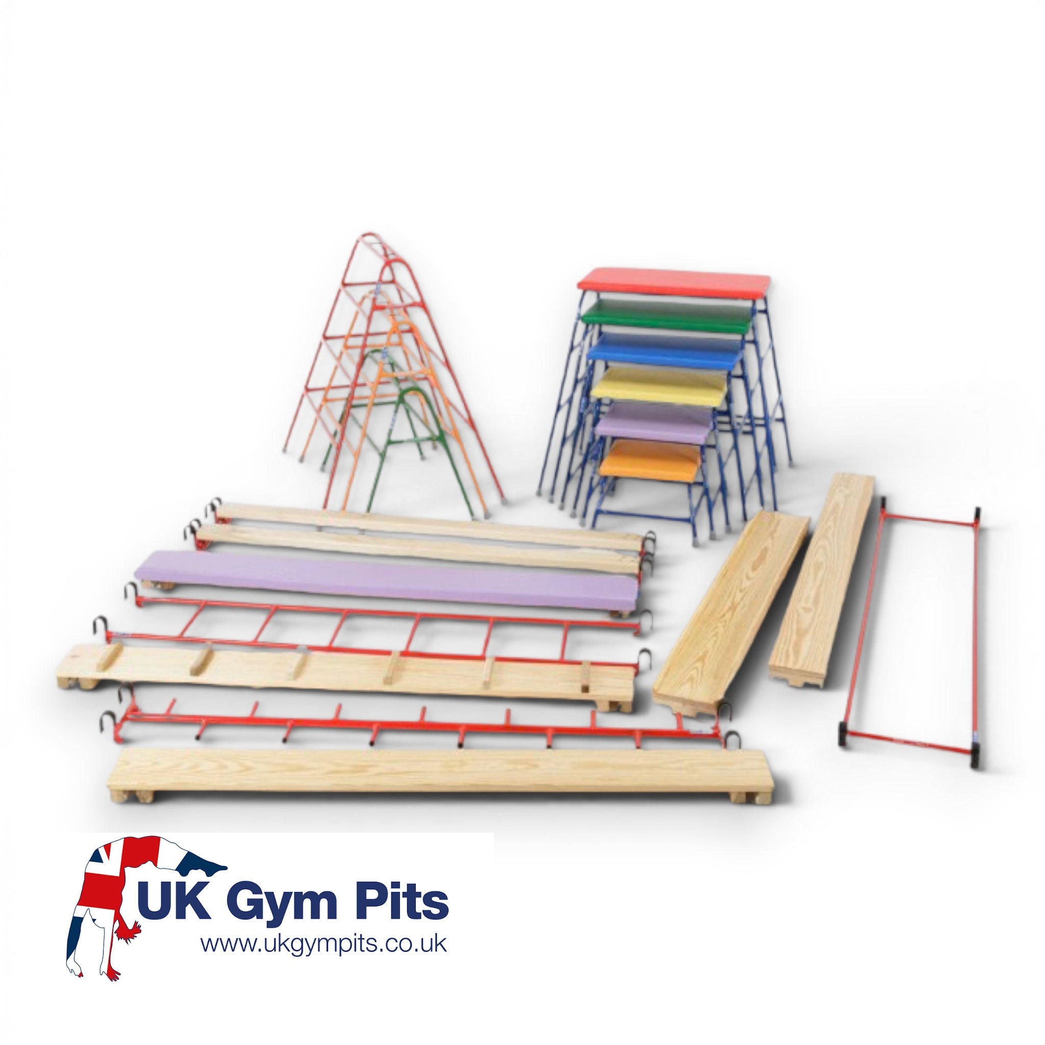UK Gym Pits 19-piece activ agility set with colourful wooden and steel gymnastic equipment for children.