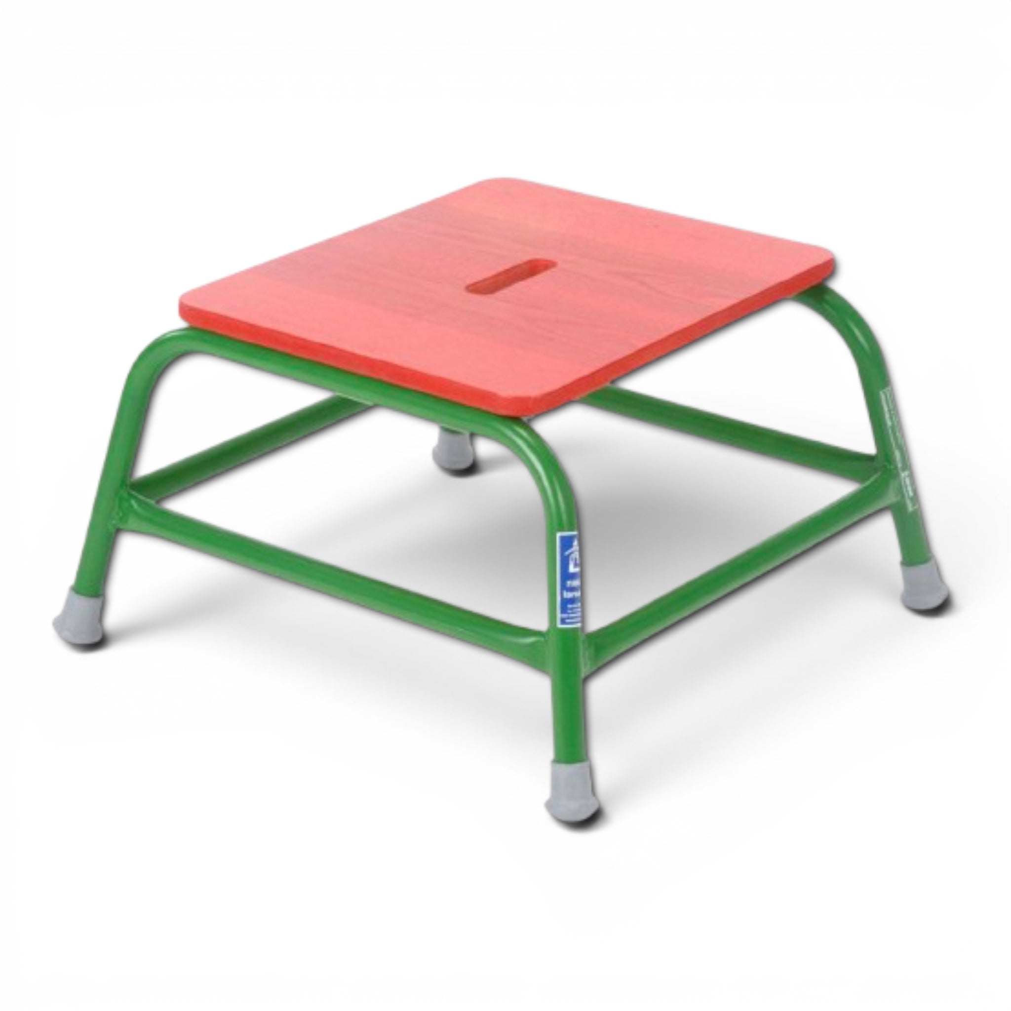 UK Gym Pits Activ Agility Stool with a red timber top and robust green powder coated steel frame on a black background