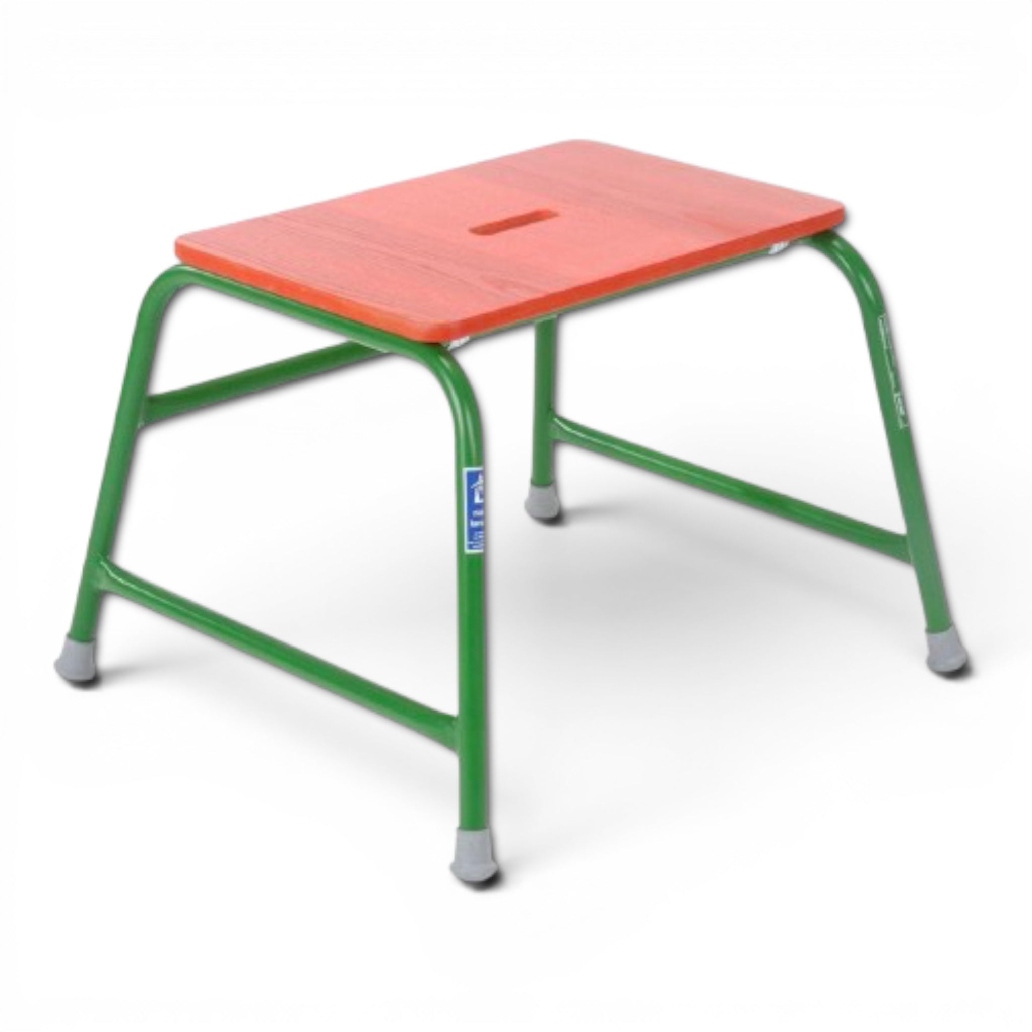 UK Gym Pits Activ Agility Stool with a red timber top and robust green powder coated steel frame and anti-slip feet.