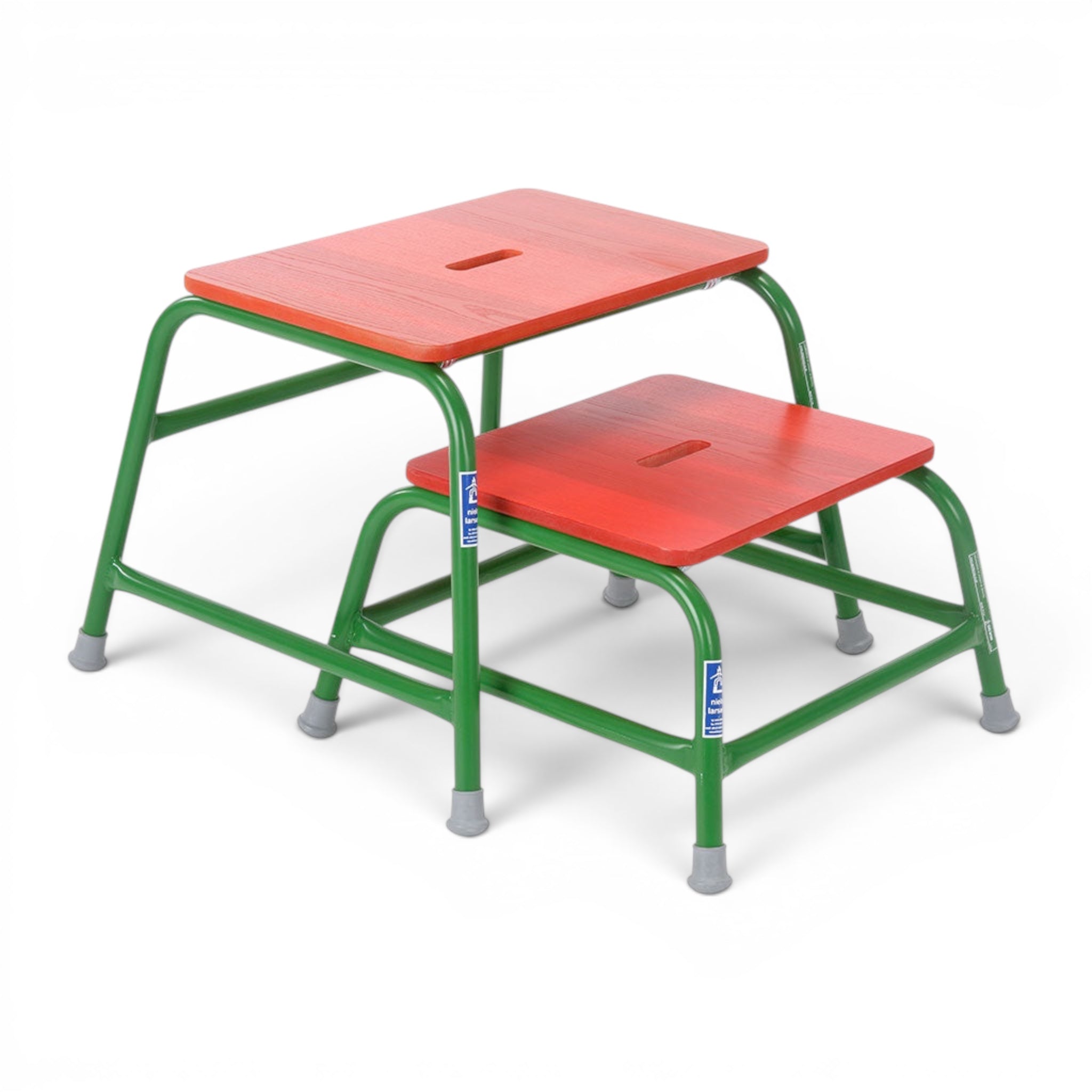 UK Gym Pits 7-piece activ agility set featuring two green tubular steel stools with red timber tops and anti-slip feet.