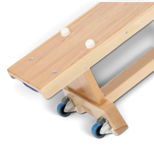 UK Gym Pits Activ balance bench in natural timber with blue castor wheels and non-marking rubber buttons