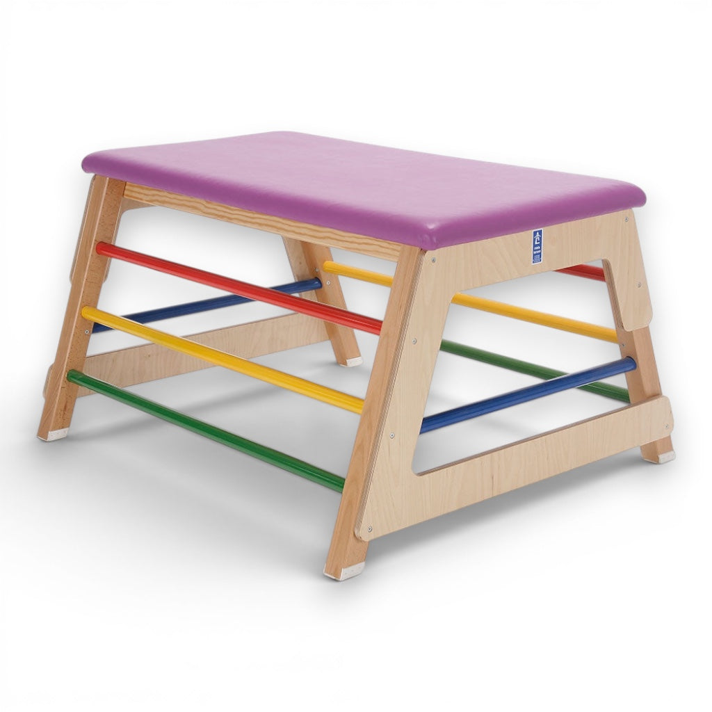 UK Gym Pits activ bar box with a purple padded top, natural timber frame, and colourful red, blue, yellow, and green bars.