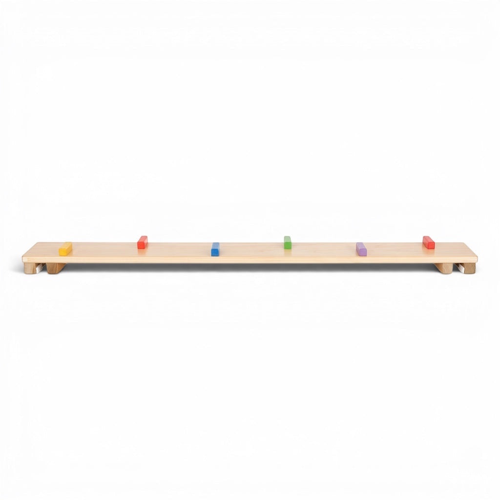 UK Gym Pits Activ Block Plank made of natural timber with six colourful blocks for gym balance and linking exercises.