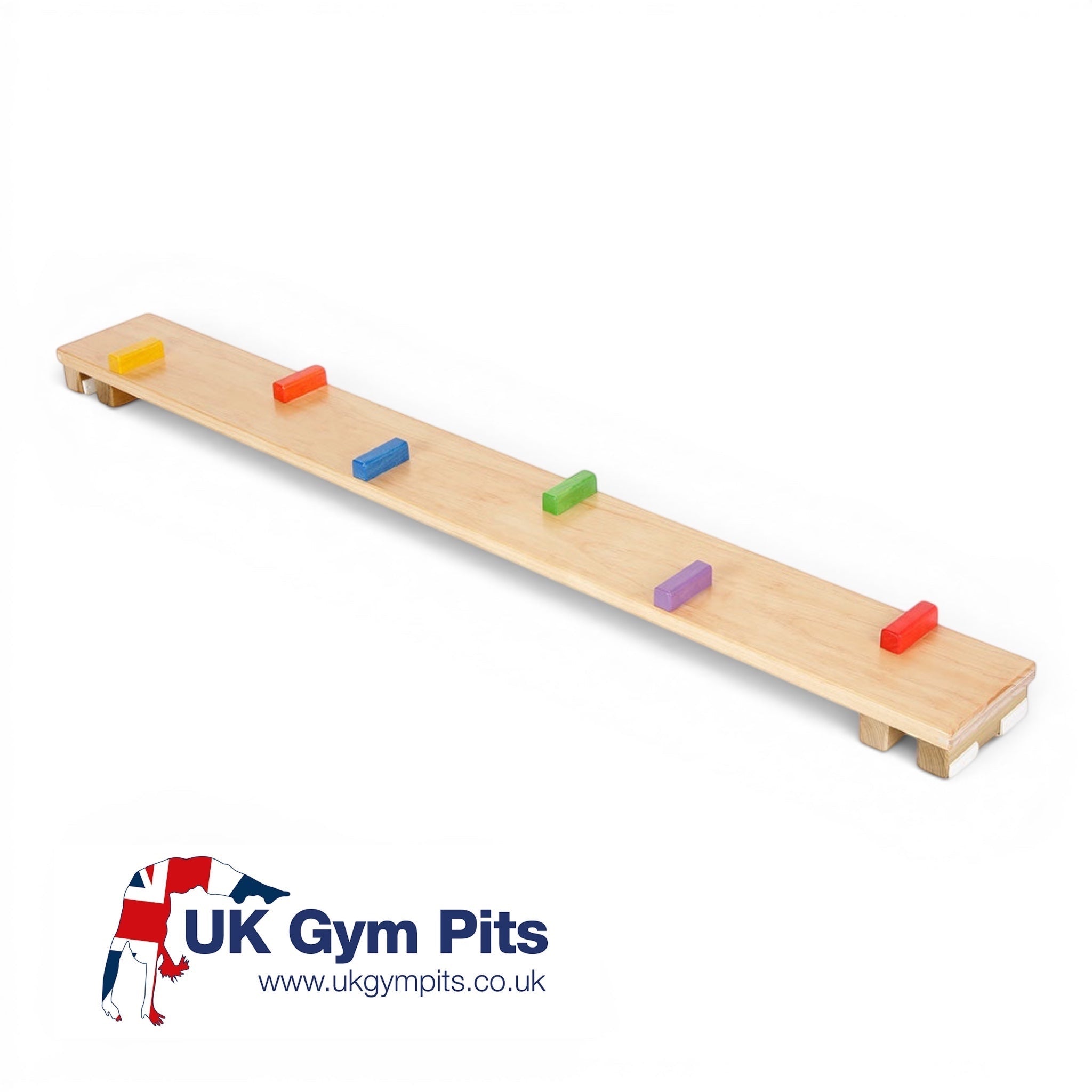 UK Gym Pits Activ Block Plank made of natural timber with six multicoloured blocks and anti-slip rubber pads.