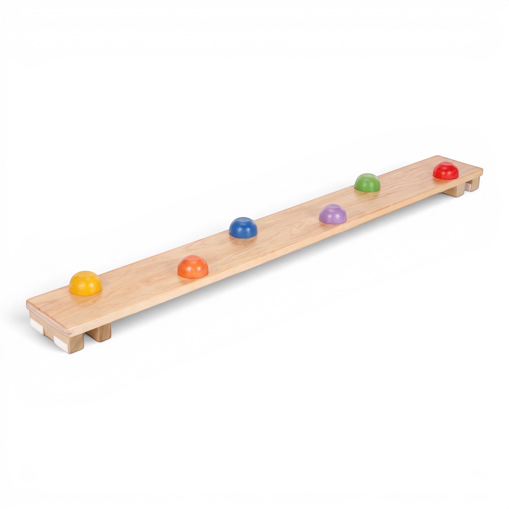 UK Gym Pits Activ Dome Plank made of natural timber with six colourful domes for balance training and gym activities.