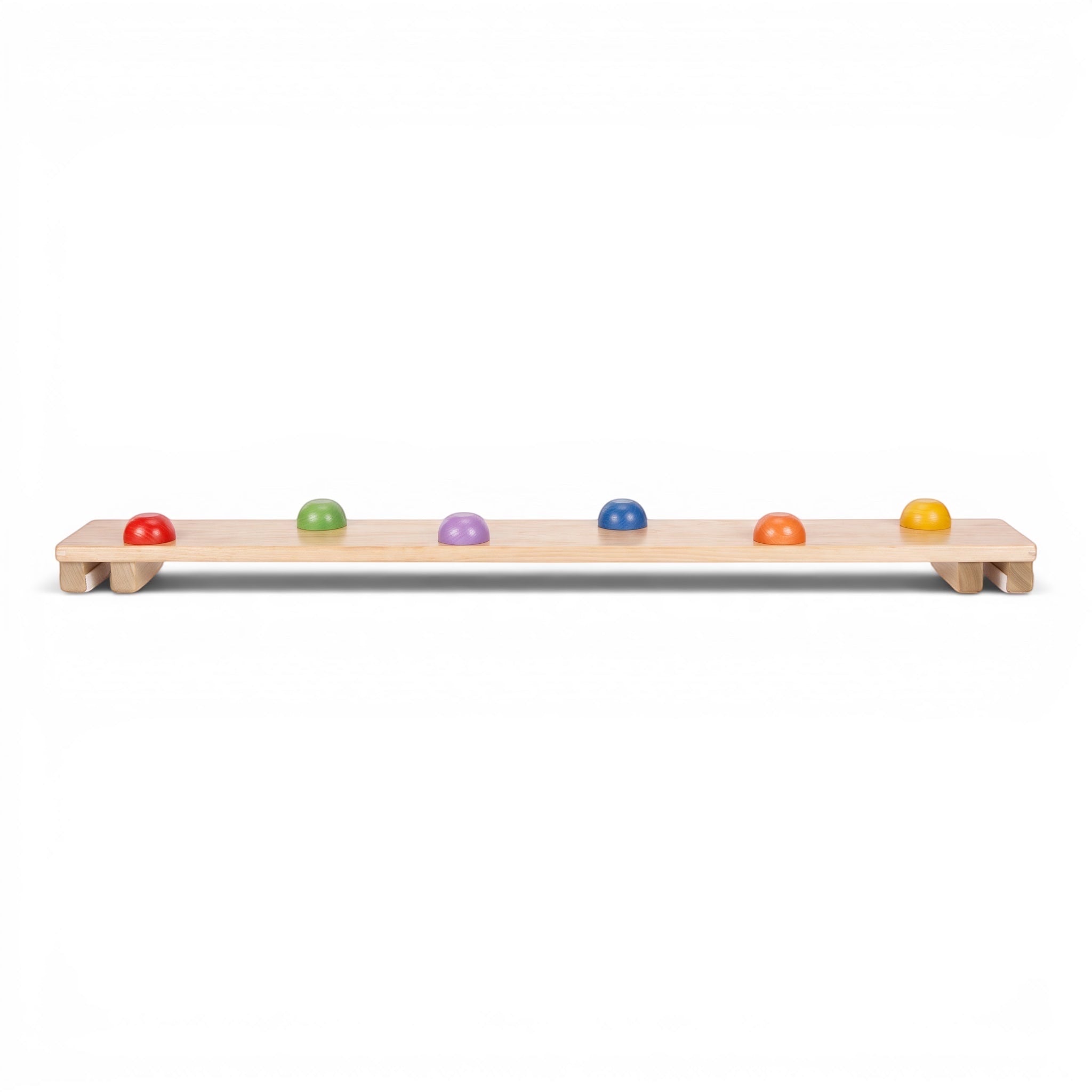 UK Gym Pits Activ Dome Plank made of natural timber with six colourful domes for balance and gym play.