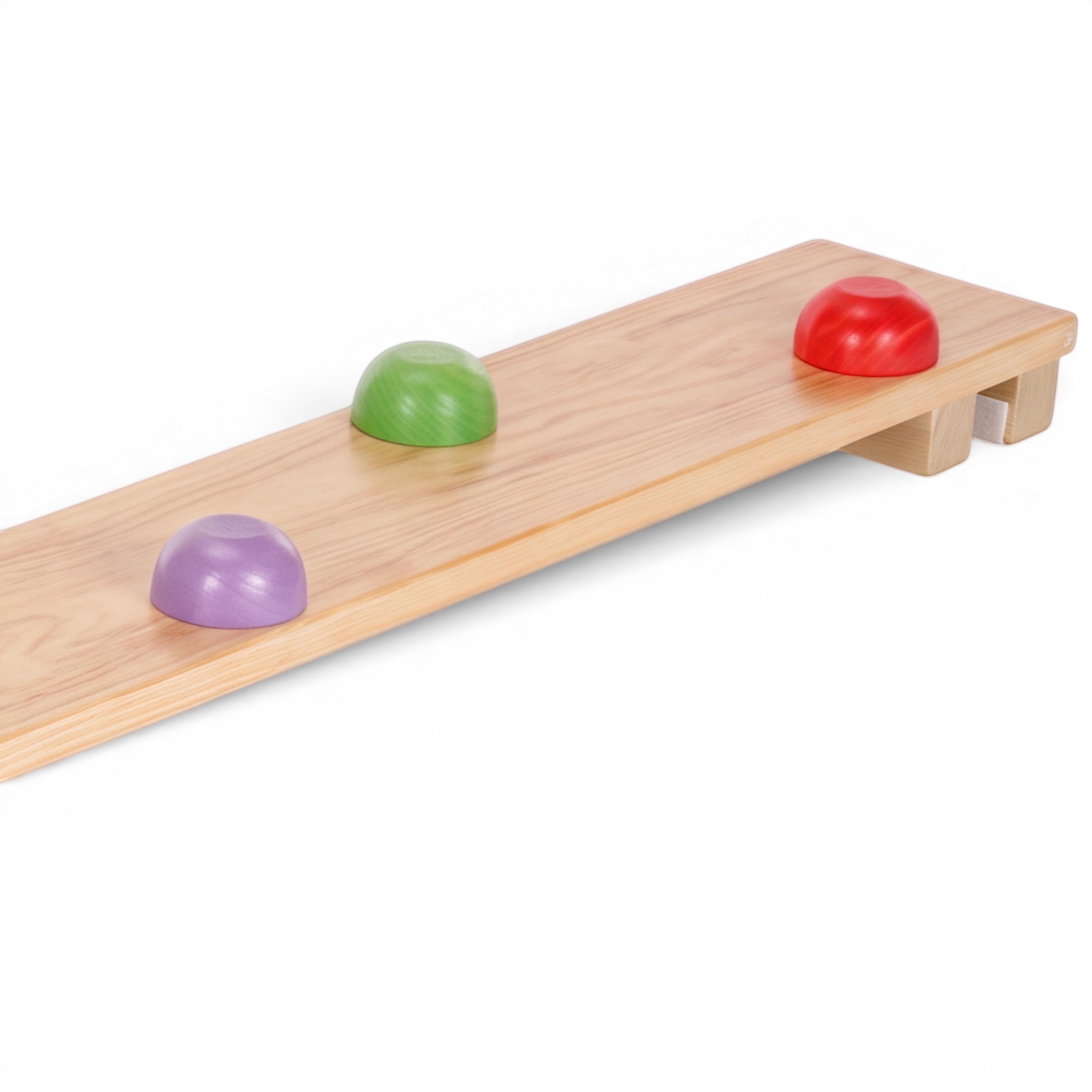 UK Gym Pits Activ Dome Plank made of natural timber with colourful red, green, and purple domes for balance training.