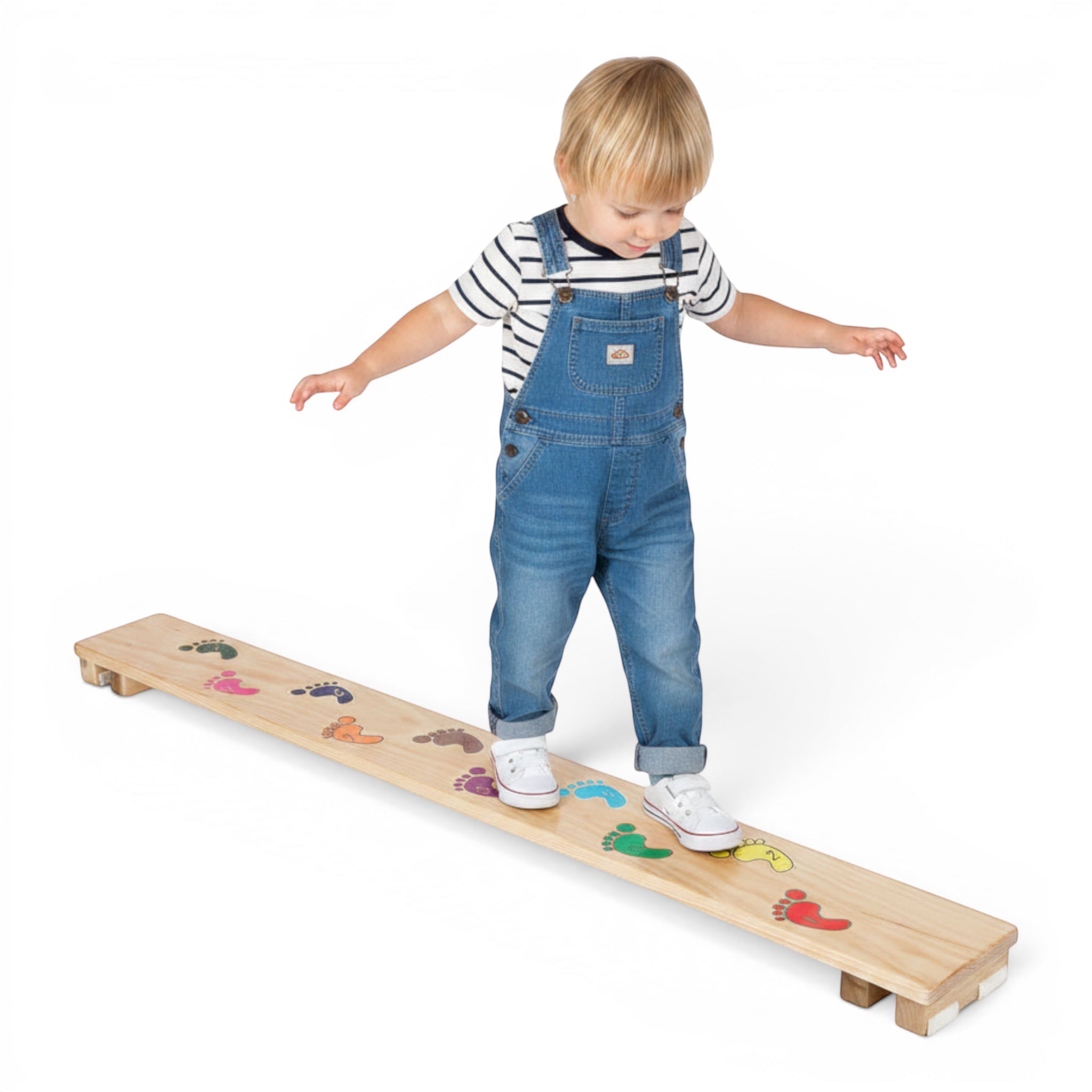 UK Gym Pits Activ Foot Plank with colourful numbered footprints for children balancing on a natural timber beam