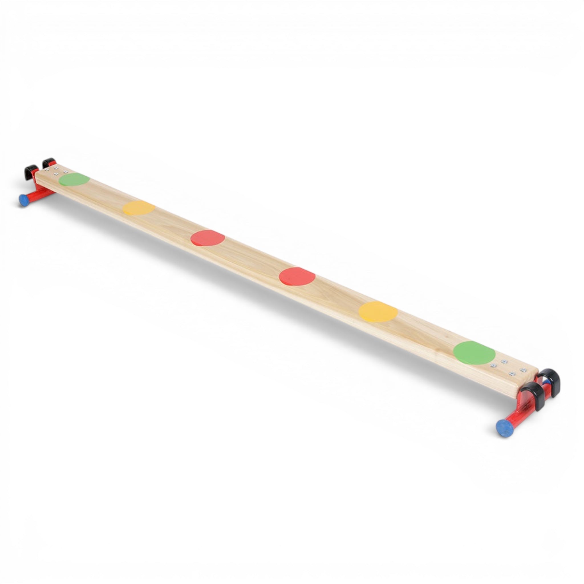 UK Gym Pits activ foot plank with multi-coloured circular feet on a natural timber beam for children's gymnastics