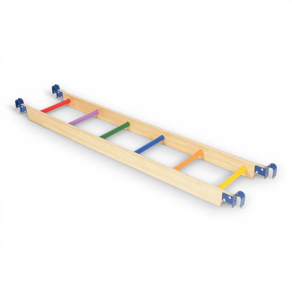 UK Gym Pits activ ladder with natural timber frame and colourful rungs for children's gymnastics and agility training.