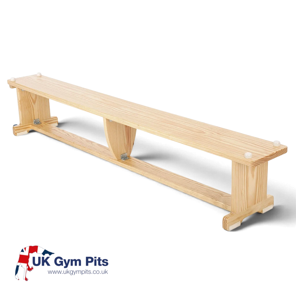 UK Gym Pits Activ balance bench made of natural timber with a clear varnish finish and anti-slip rubber feet.