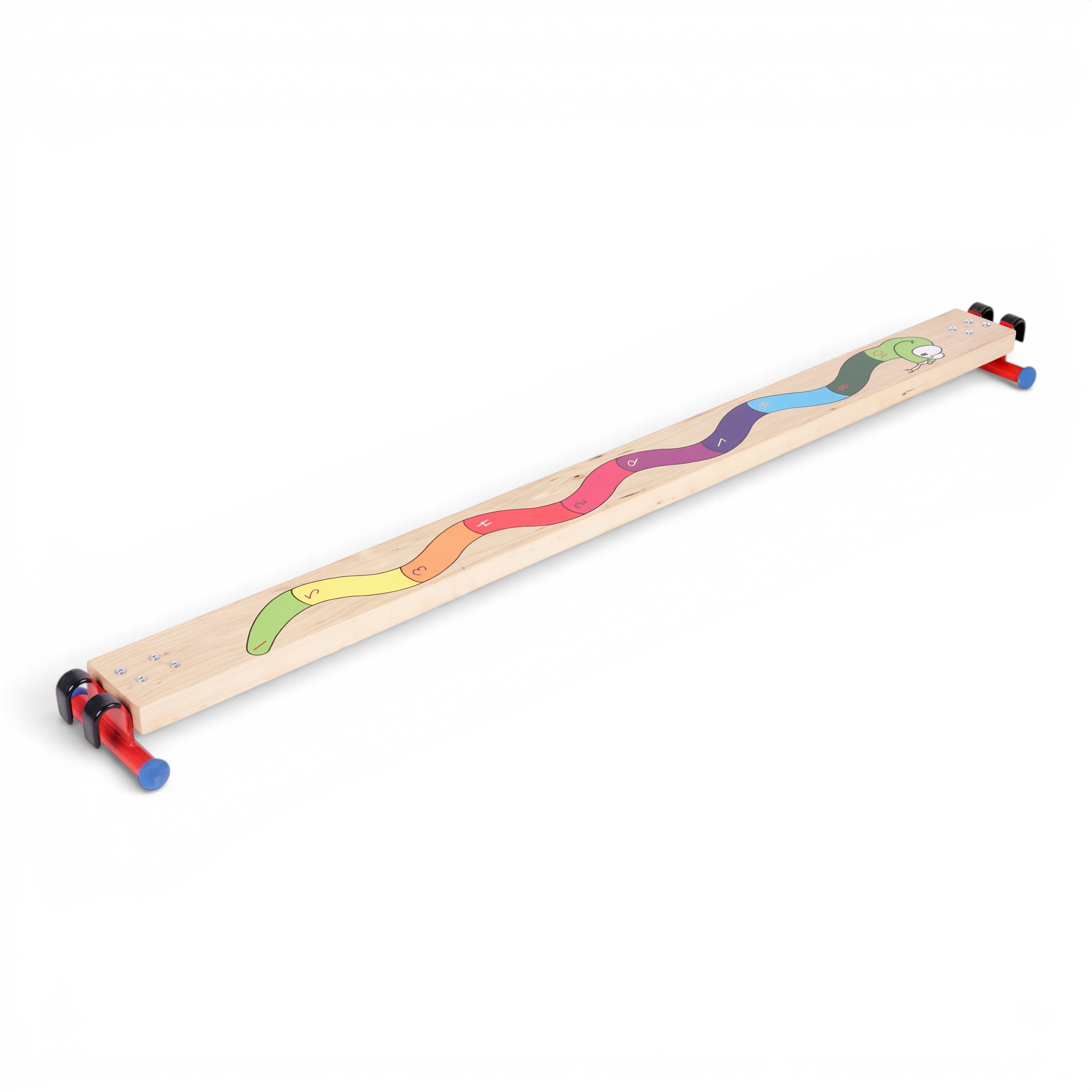 UK Gym Pits Activ Snake balance beam made of natural timber with a multicoloured numbered snake graphic for schools.