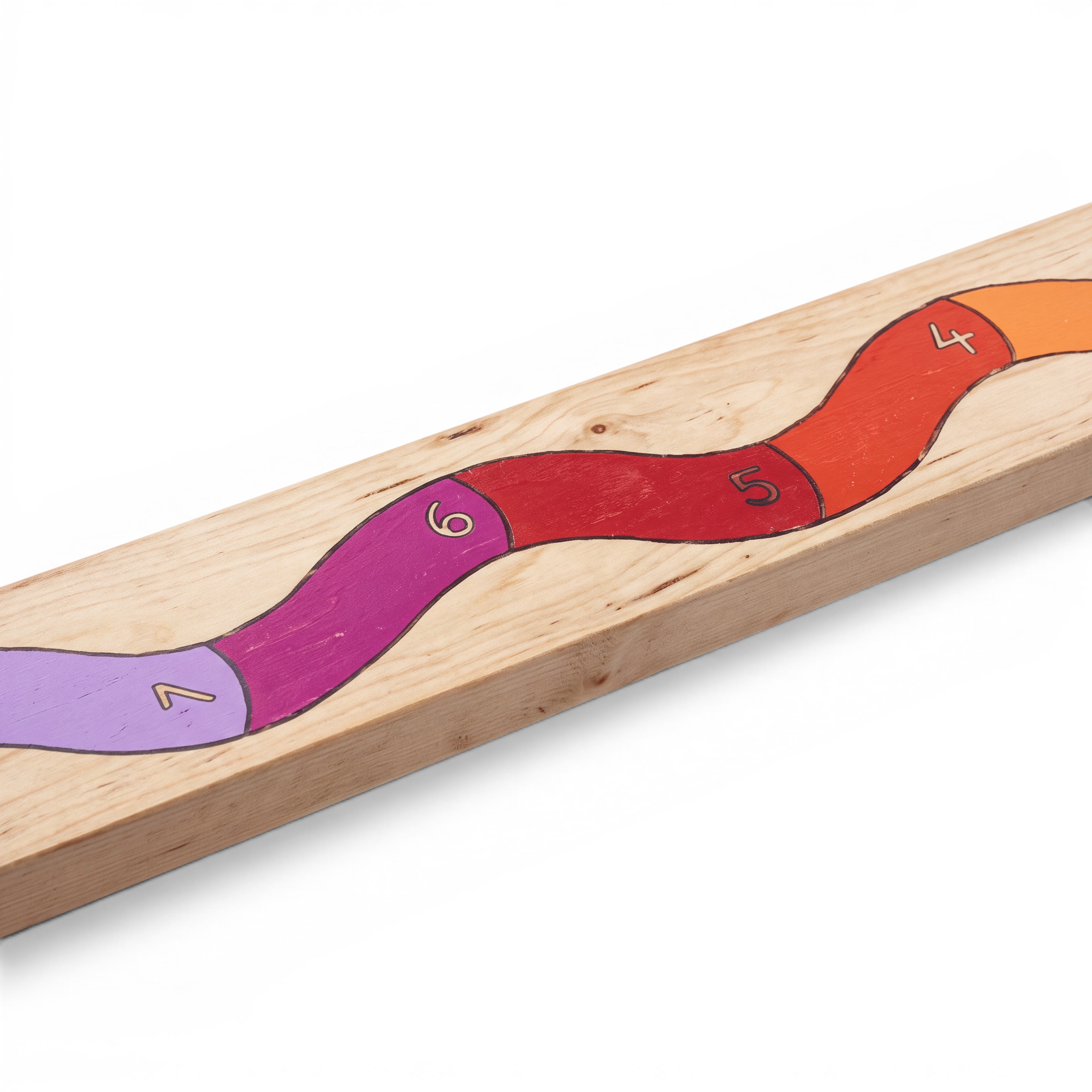 UK Gym Pits Activ Snake Balance Beam made of natural timber with a colourful numbered snake design for children
