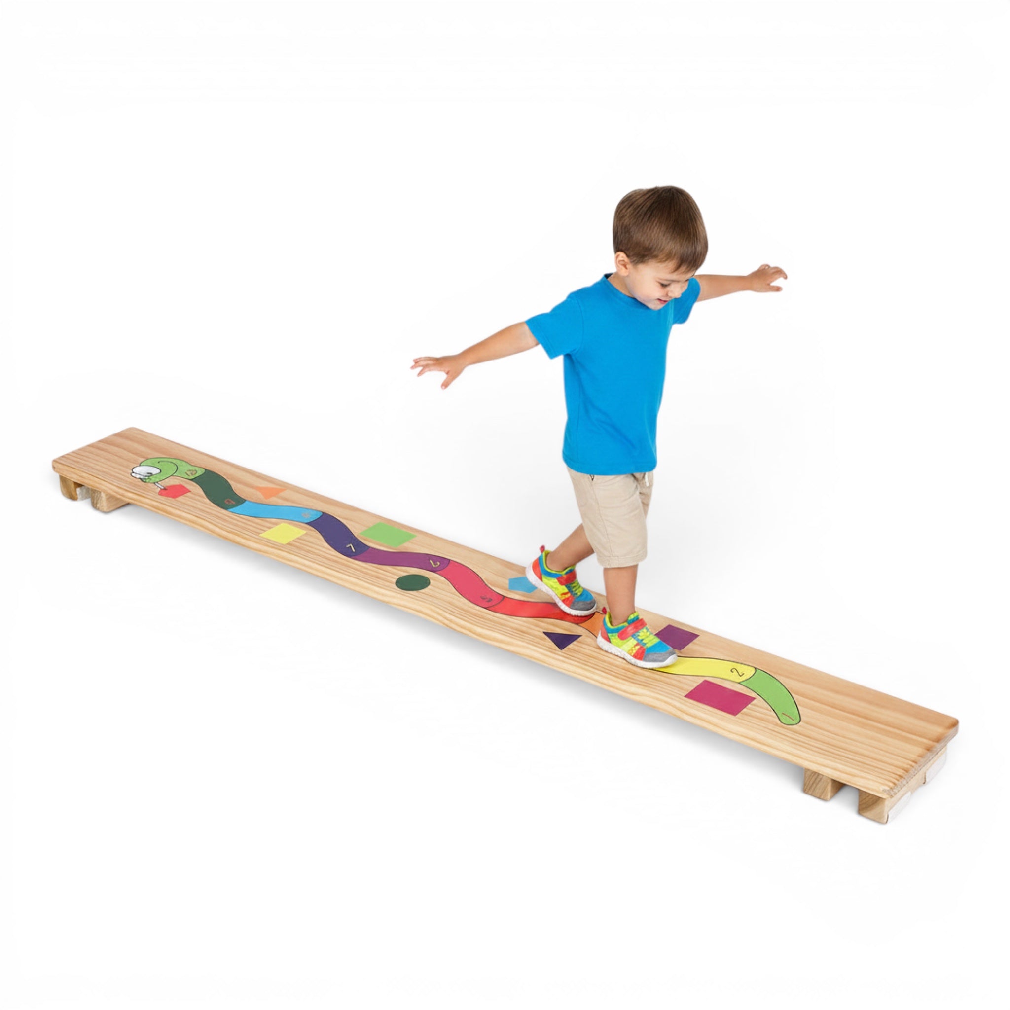 UK Gym Pits Activ Snake Plank with a child balancing on the natural timber beam featuring a colourful snake graphic.