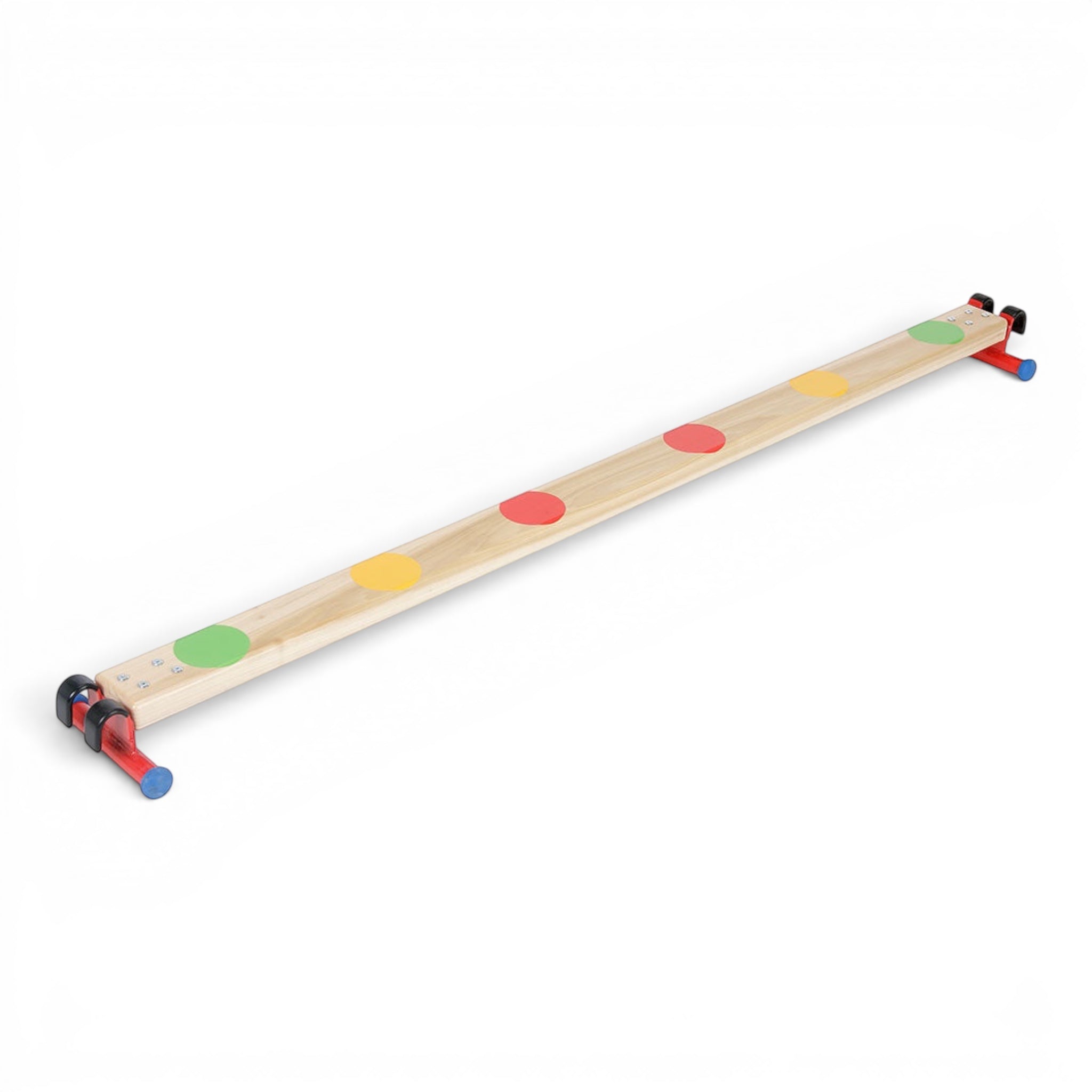 UK Gym Pits Activ Spot Balance Beam made of natural timber with six multicoloured spots and stable metal feet.