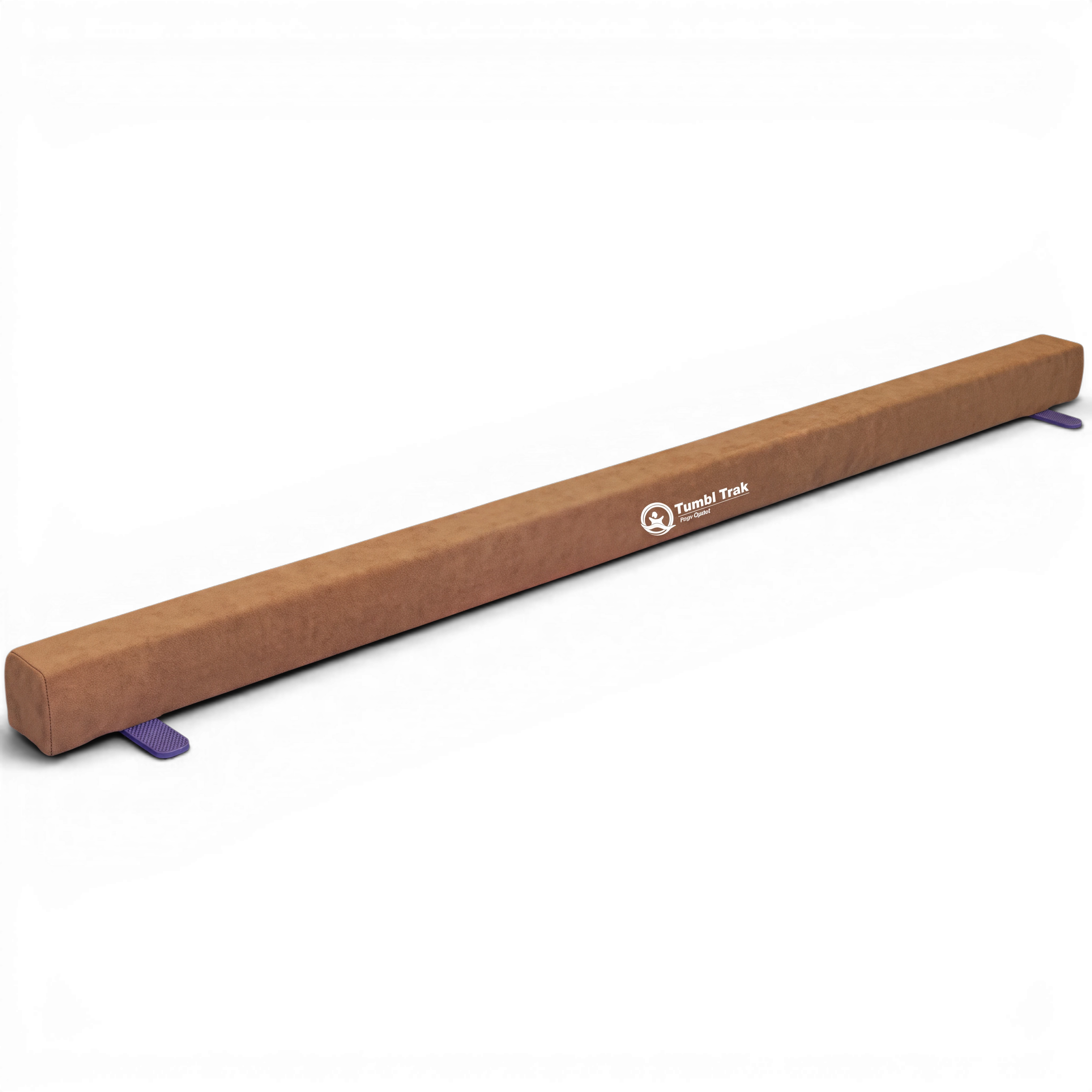 UK Gym Pits Addie Beam in brown synthetic suede with purple base supports for home gymnastics training