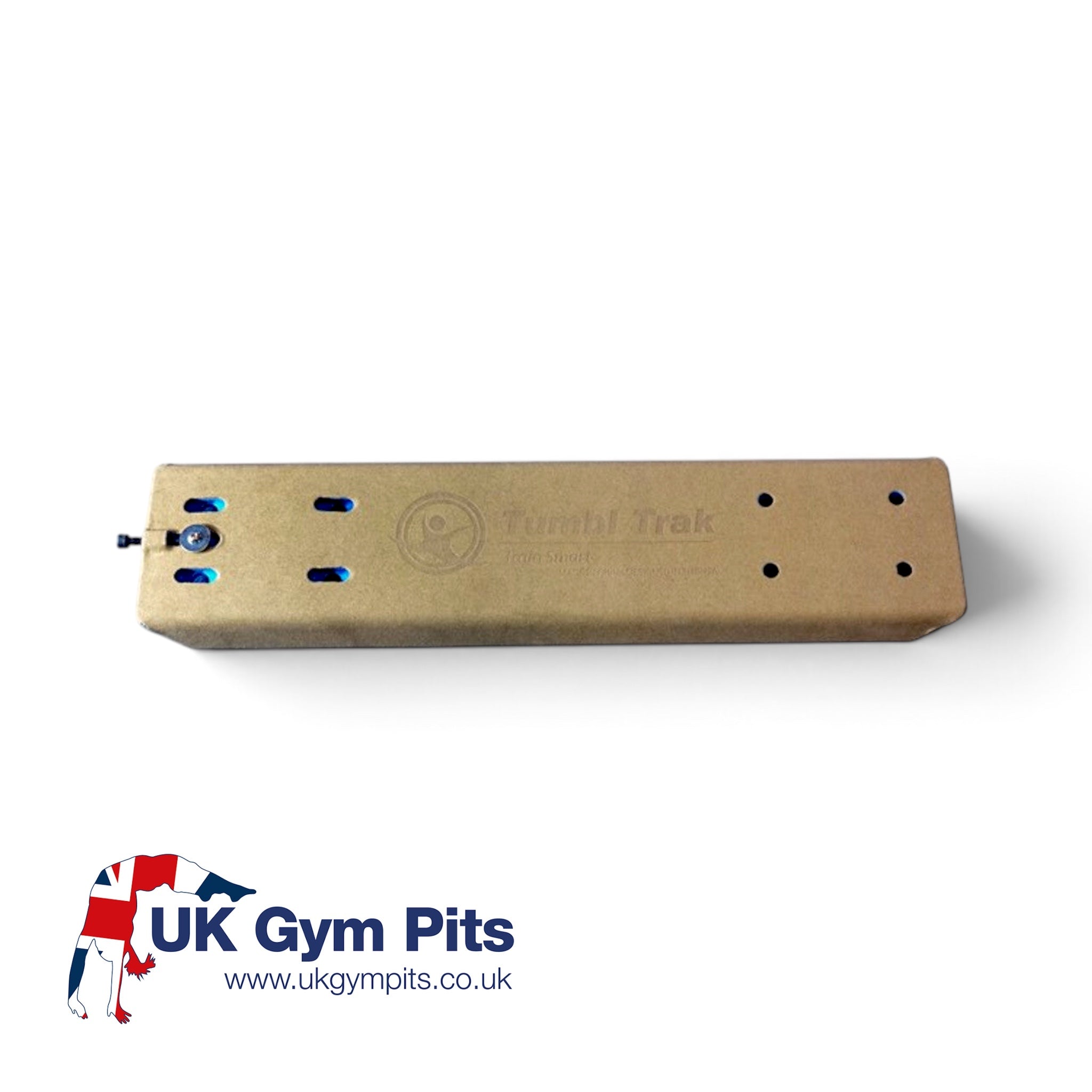 UK Gym Pits Addie beam connector bracket in tan suede with set screw for joining balance beams