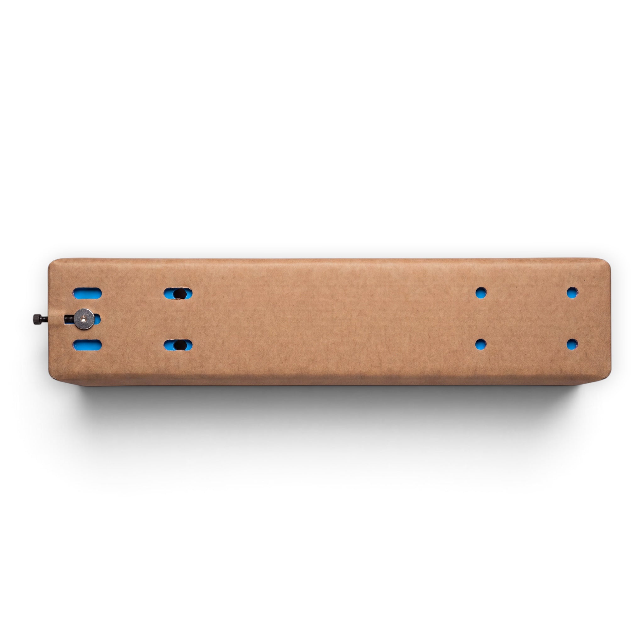 UK Gym Pits Addie beam connector bracket in tan suede with blue accents and adjustment screw for balance beam joining