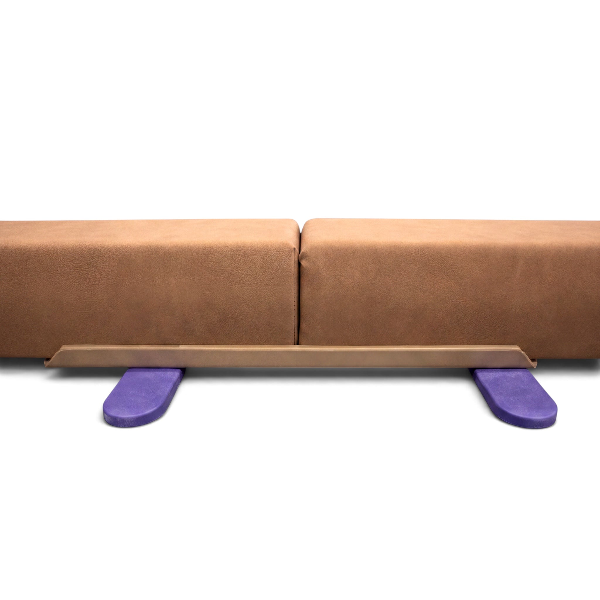 UK Gym Pits Addie Beam Connector Bracket joining two brown suede balance beams on a white background