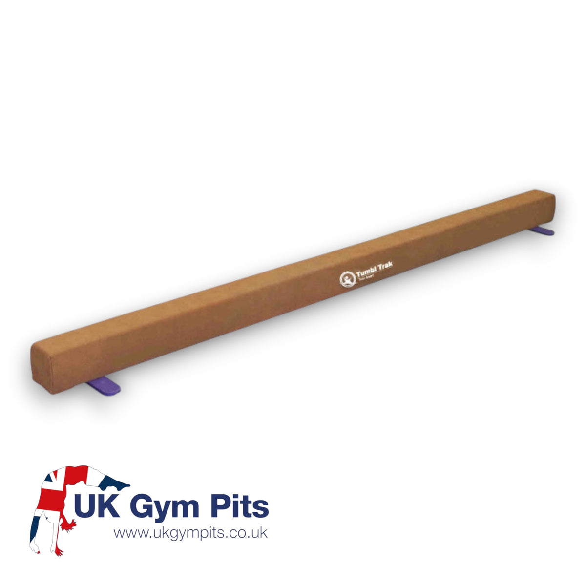 UK Gym Pits Addie Beam in tan synthetic suede for gymnastics training with safe moulded plastic support legs