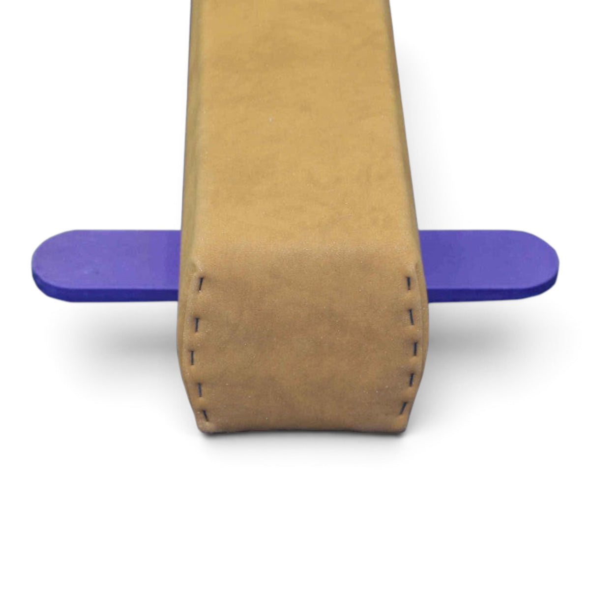 UK Gym Pits Addie Beam with tan synthetic suede surface and purple safety support legs for home gymnastics training