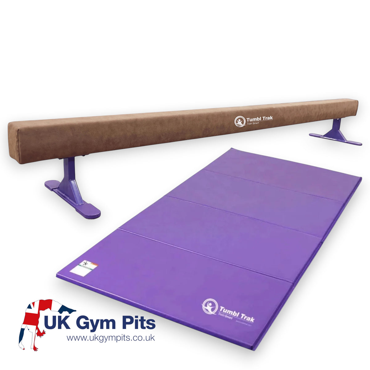 UK Gym Pits Addie Beam with synthetic suede surface and purple support legs for gymnastics training at home.