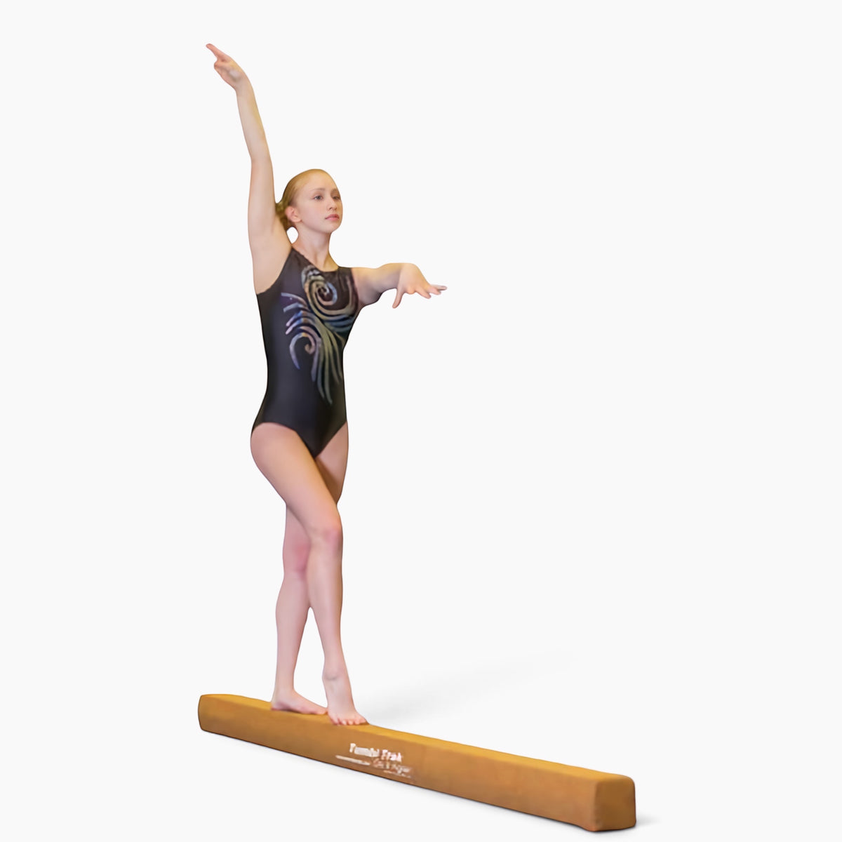 A young gymnast in a black leotard practicing on a UK Gym Pits Addie Beam with a realistic synthetic suede surface.