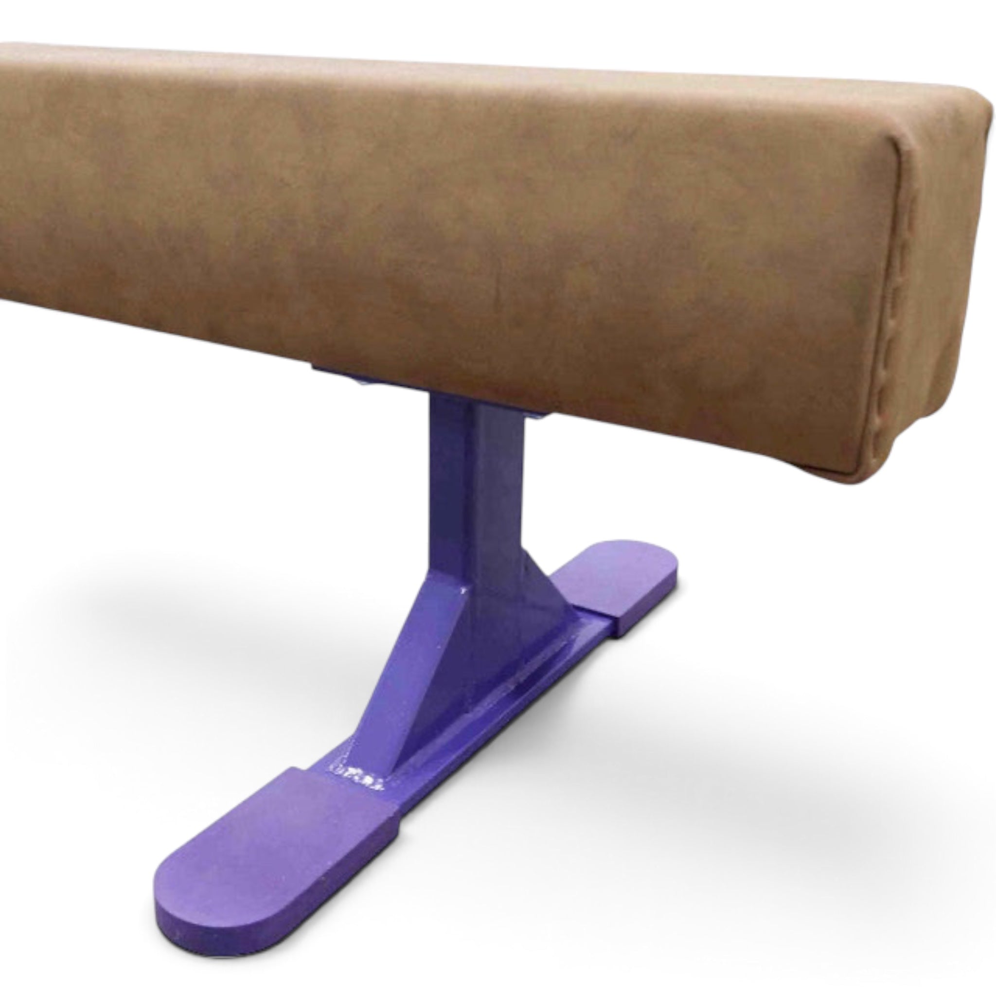 UK Gym Pits Addie Beam Riser Legs in purple steel with rubber coating attached to a tan gymnastics balance beam