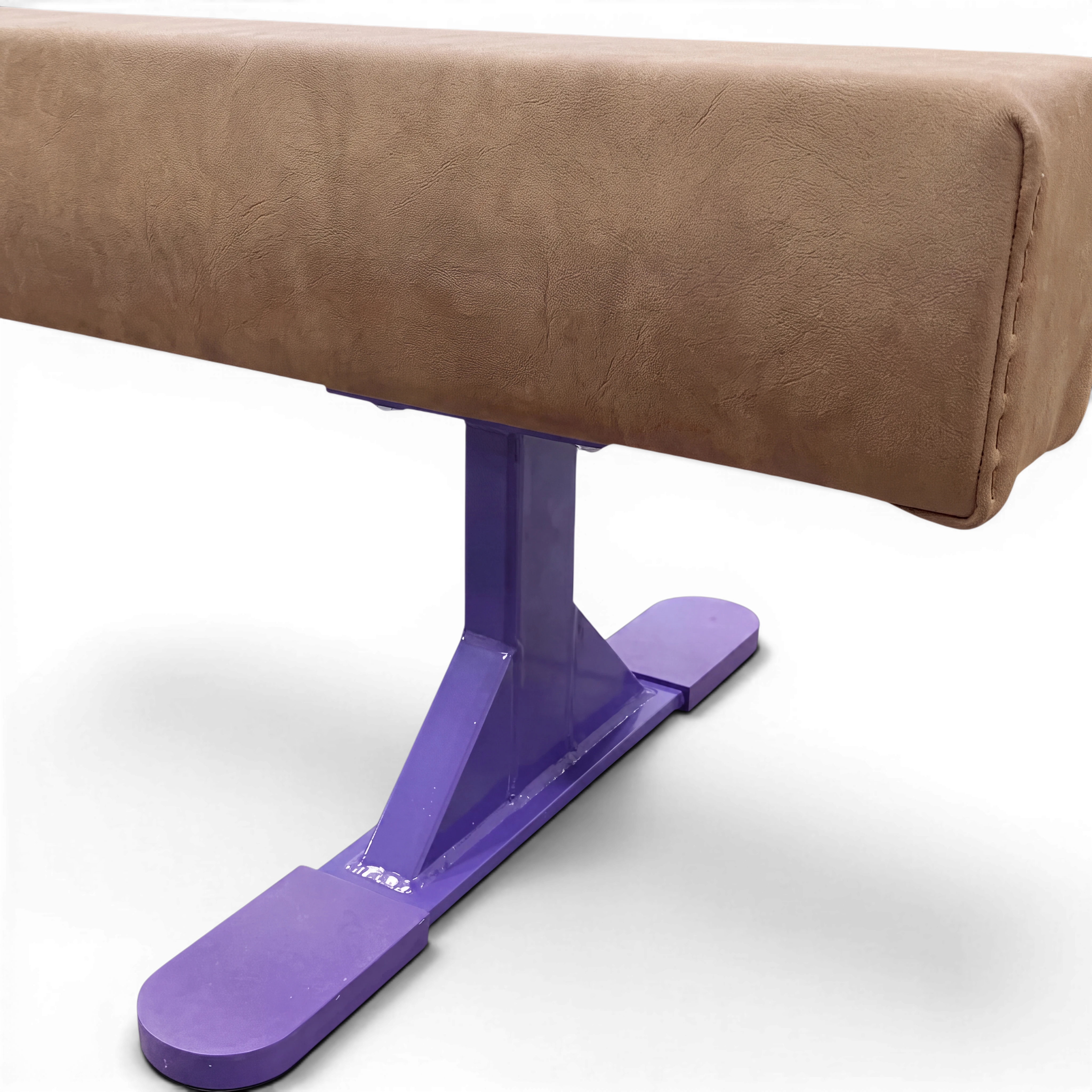 UK Gym Pits Addie Beam with synthetic suede surface and purple metal riser legs for home gymnastics training