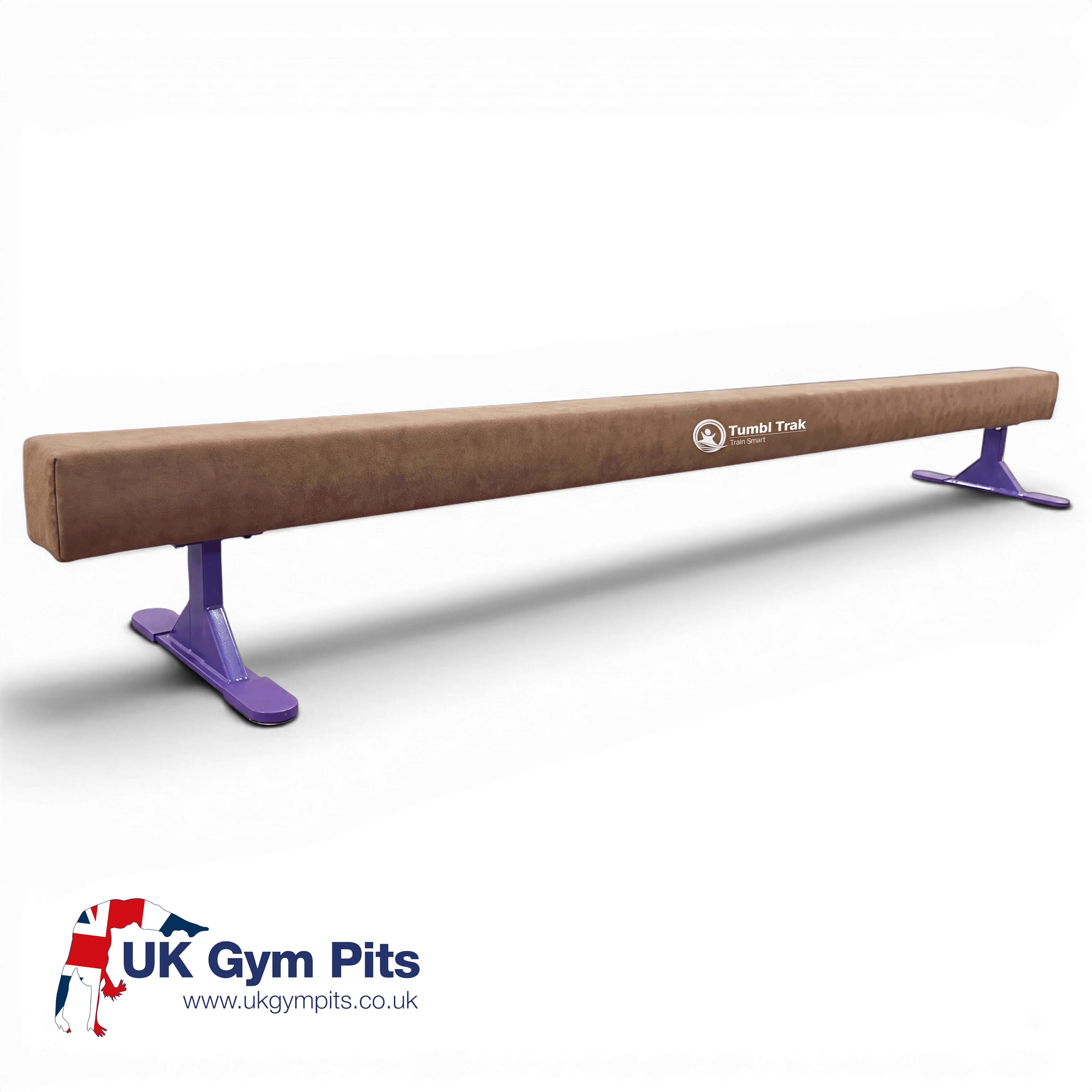 UK Gym Pits Addie Beam with purple risers, featuring a brown synthetic suede surface for home gymnastics training.