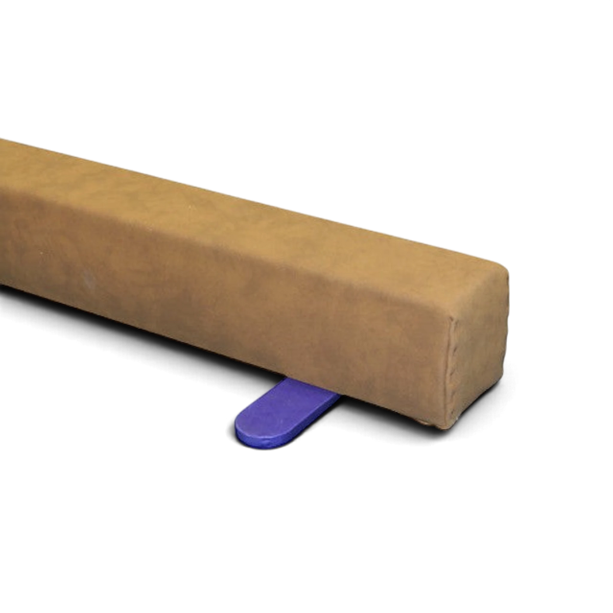 UK Gym Pits Addie beam with tan synthetic suede surface and a purple molded plastic support leg for home gymnastics.