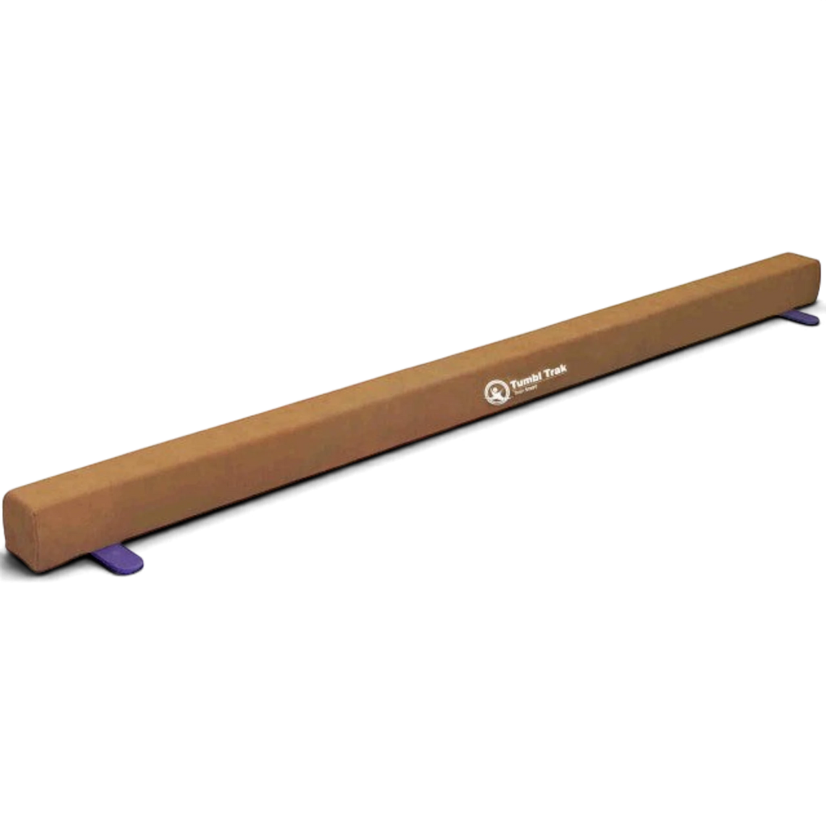 UK Gym Pits Addie Beam in tan synthetic suede with purple support legs for home gymnastics training.