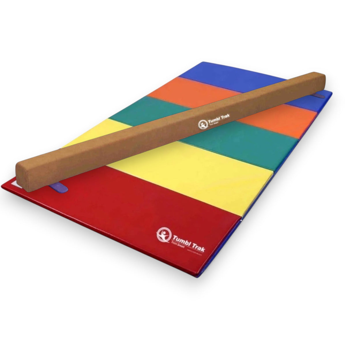 UK Gym Pits Addie beam and multi-coloured folding tumbling mat set for home gymnastics training.