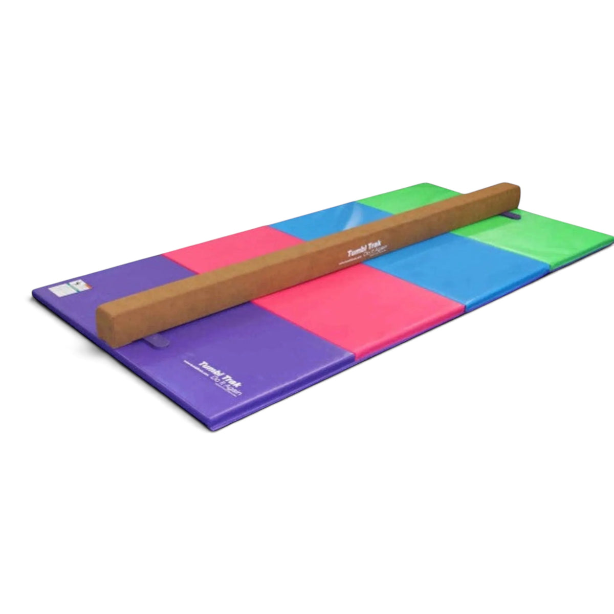 UK Gym Pits Addie beam with a multi-coloured folding tumbling mat for home gymnastics training.