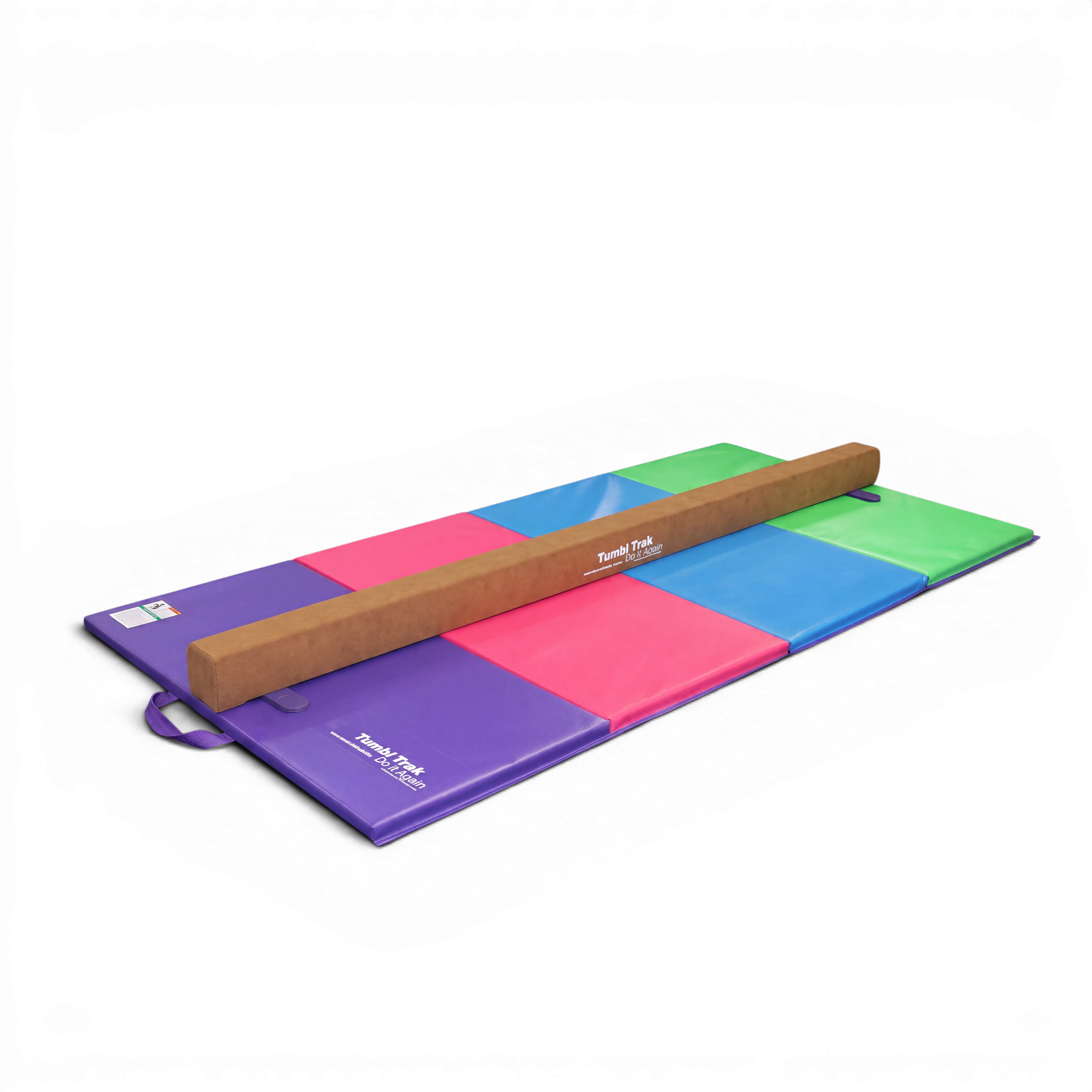 UK Gym Pits Addie Beam and multi-coloured folding tumbling mat set for home gymnastics training.