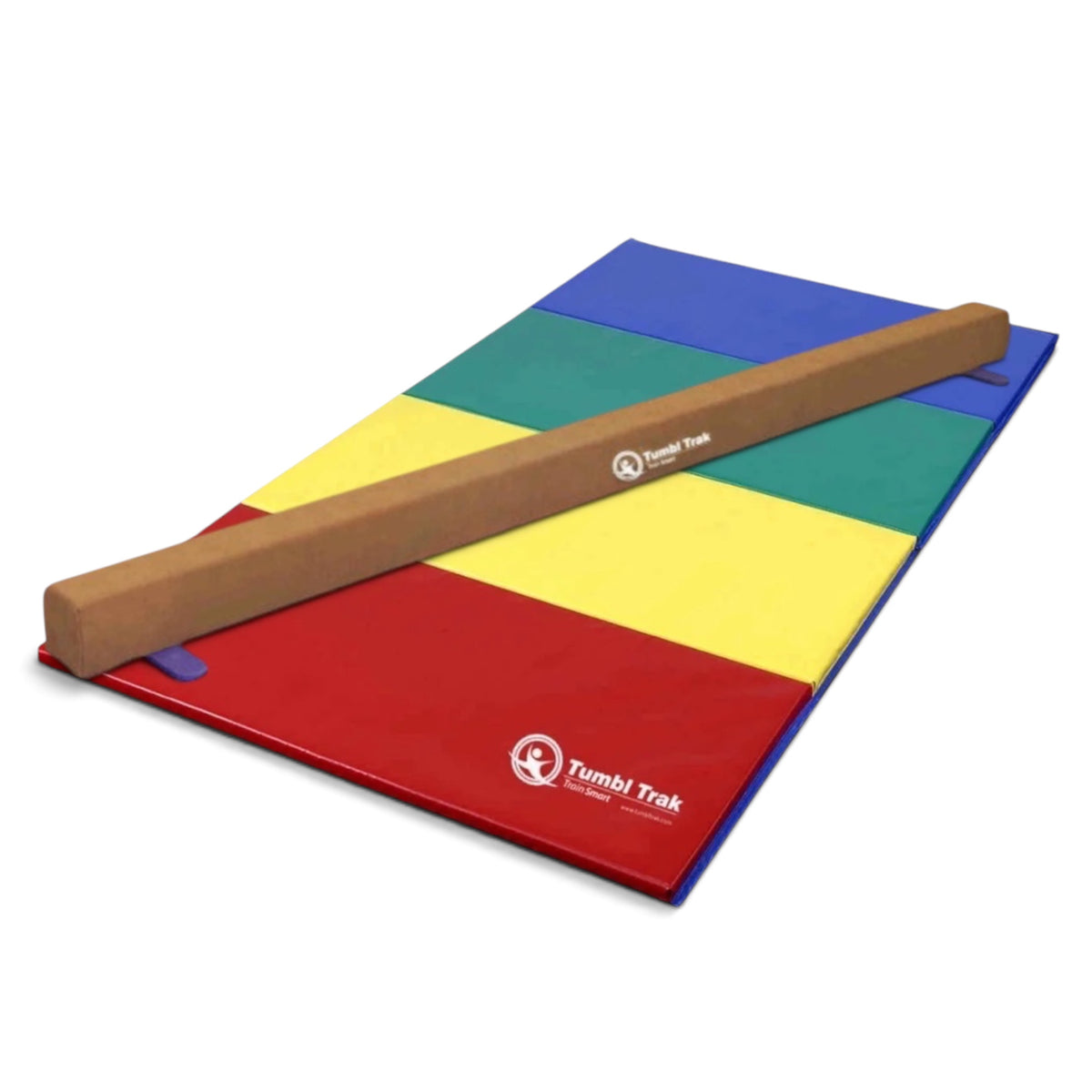 UK Gym Pits Addie beam with a multi-coloured folding tumbling mat for home gymnastics training.