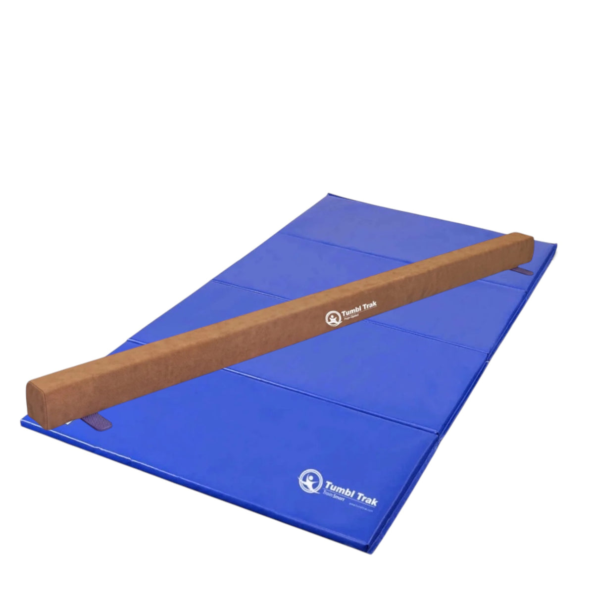 UK Gym Pits Addie beam with synthetic suede finish placed on a blue folding tumbling mat for home gymnastics training.