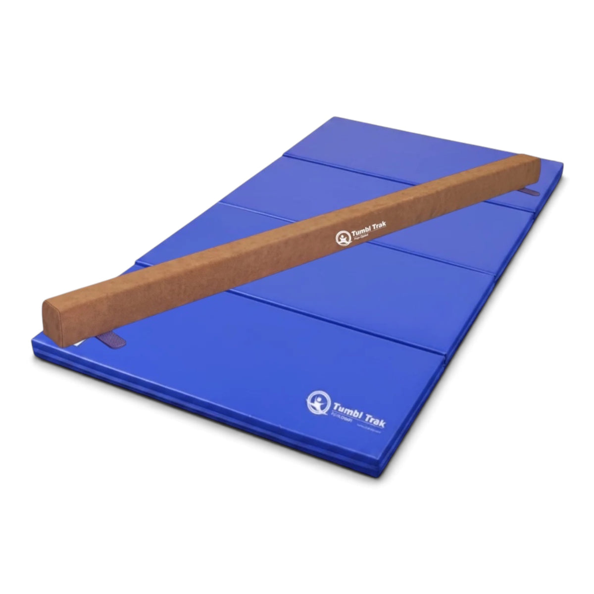 UK Gym Pits Addie beam with a blue folding tumbling mat for home gymnastics training