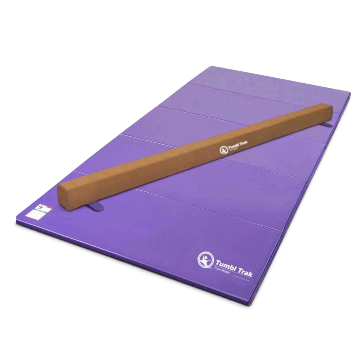 UK Gym Pits Addie beam with a purple folding tumbling mat for home gymnastics training