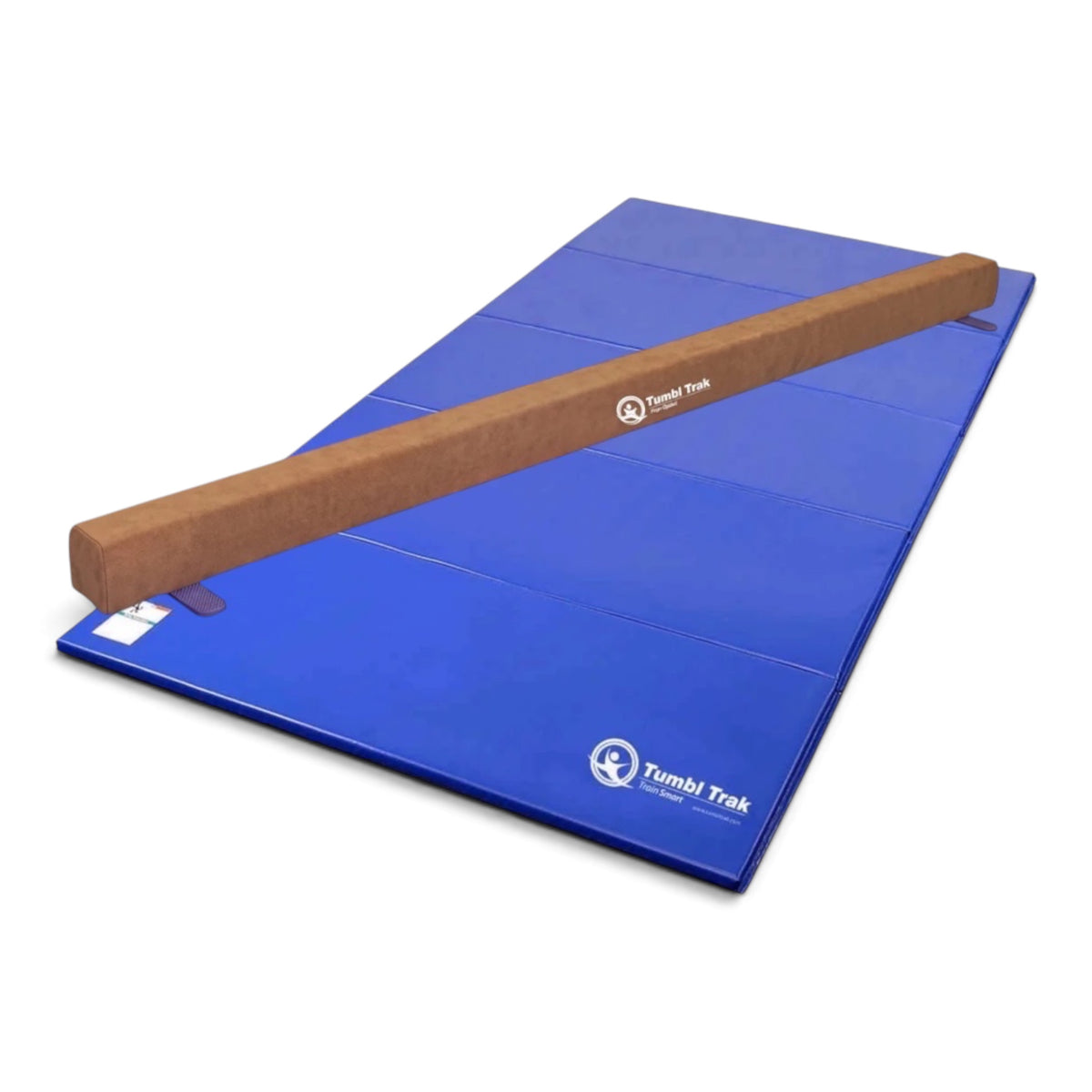 UK Gym Pits Addie beam with a blue folding tumbling mat for home gymnastics training