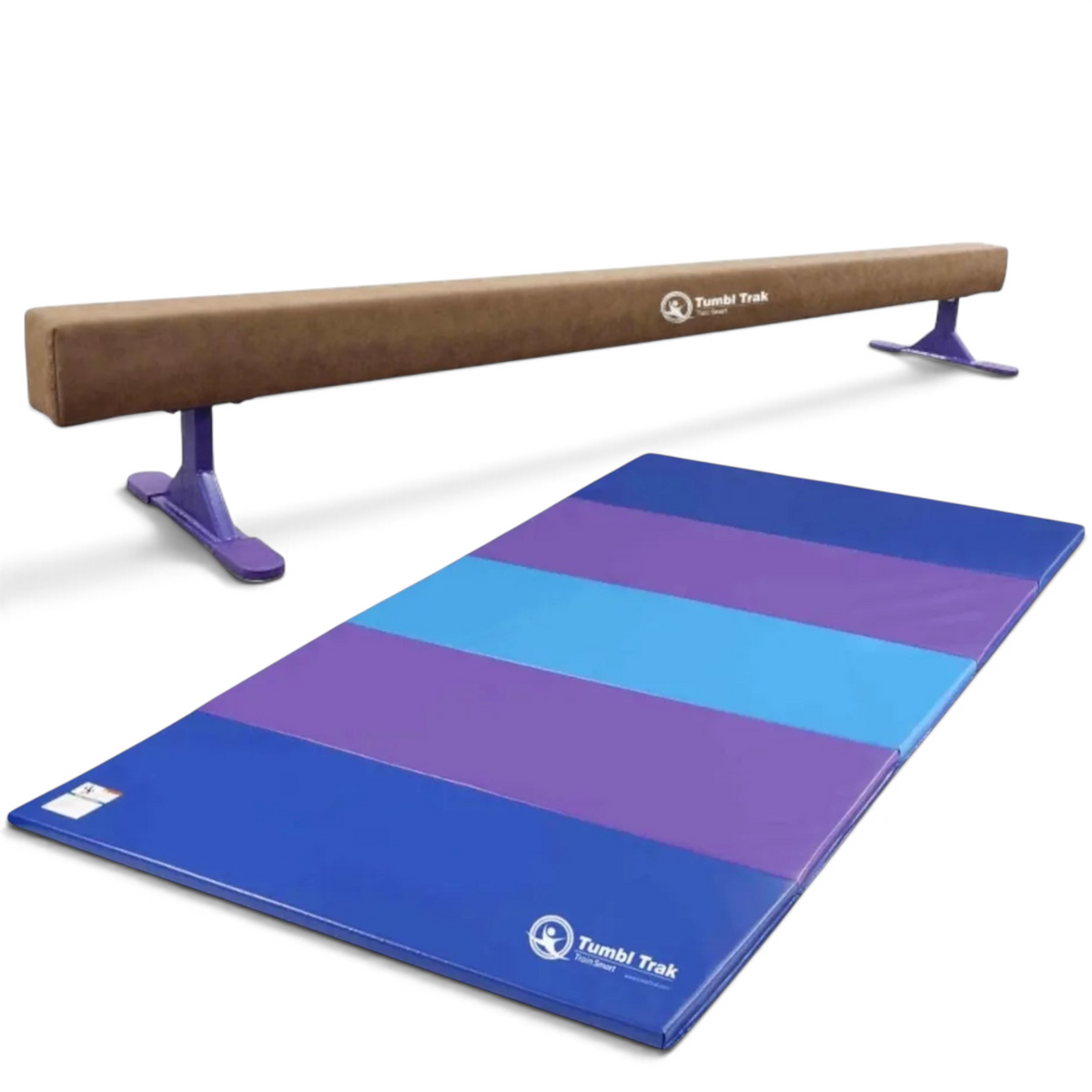 UK Gym Pits Addie beam with synthetic suede finish and blue and purple folding tumbling mat for gymnastics training.