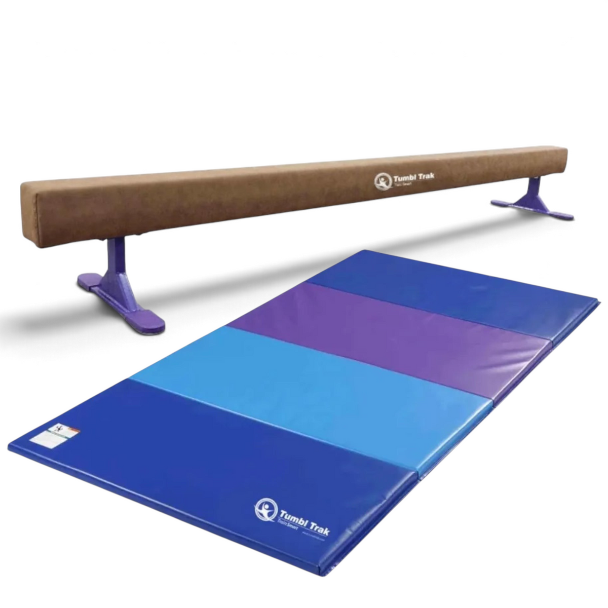 UK Gym Pits Addie Beam with leg risers and a multi-coloured folding tumbling mat for gymnastics training.