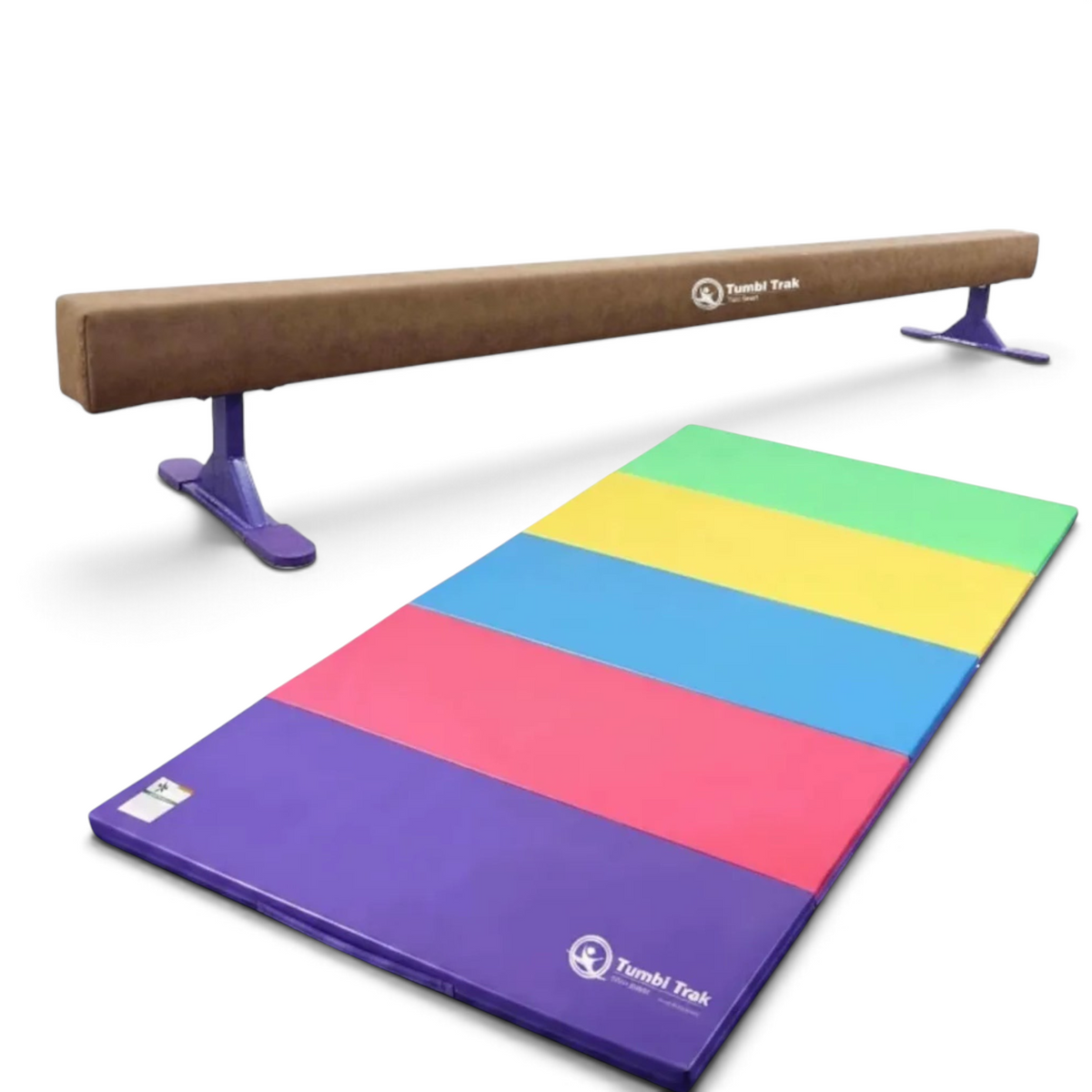 UK Gym Pits Addie Beam with purple risers and a multi-coloured folding tumbling mat for gymnastics training at home.